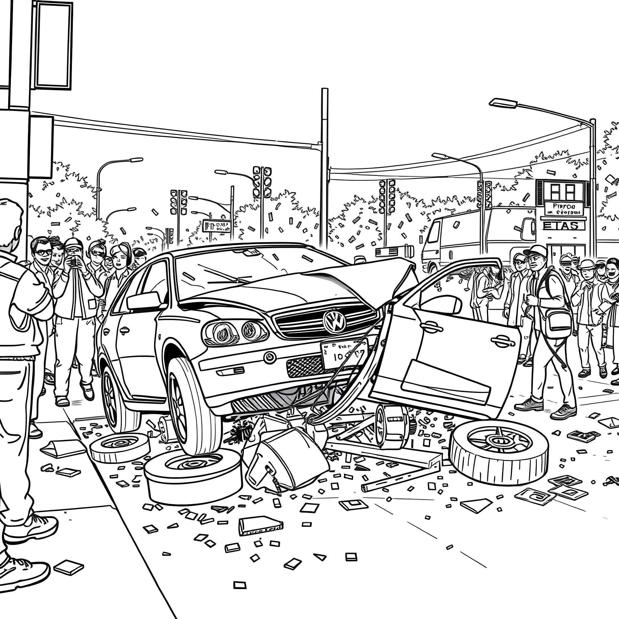 Car accident scene on a busy street Coloring Page (free black-and-white line drawing printable PDF for all, from beginners to advanced learners, including children, teens, adults, and seniors)