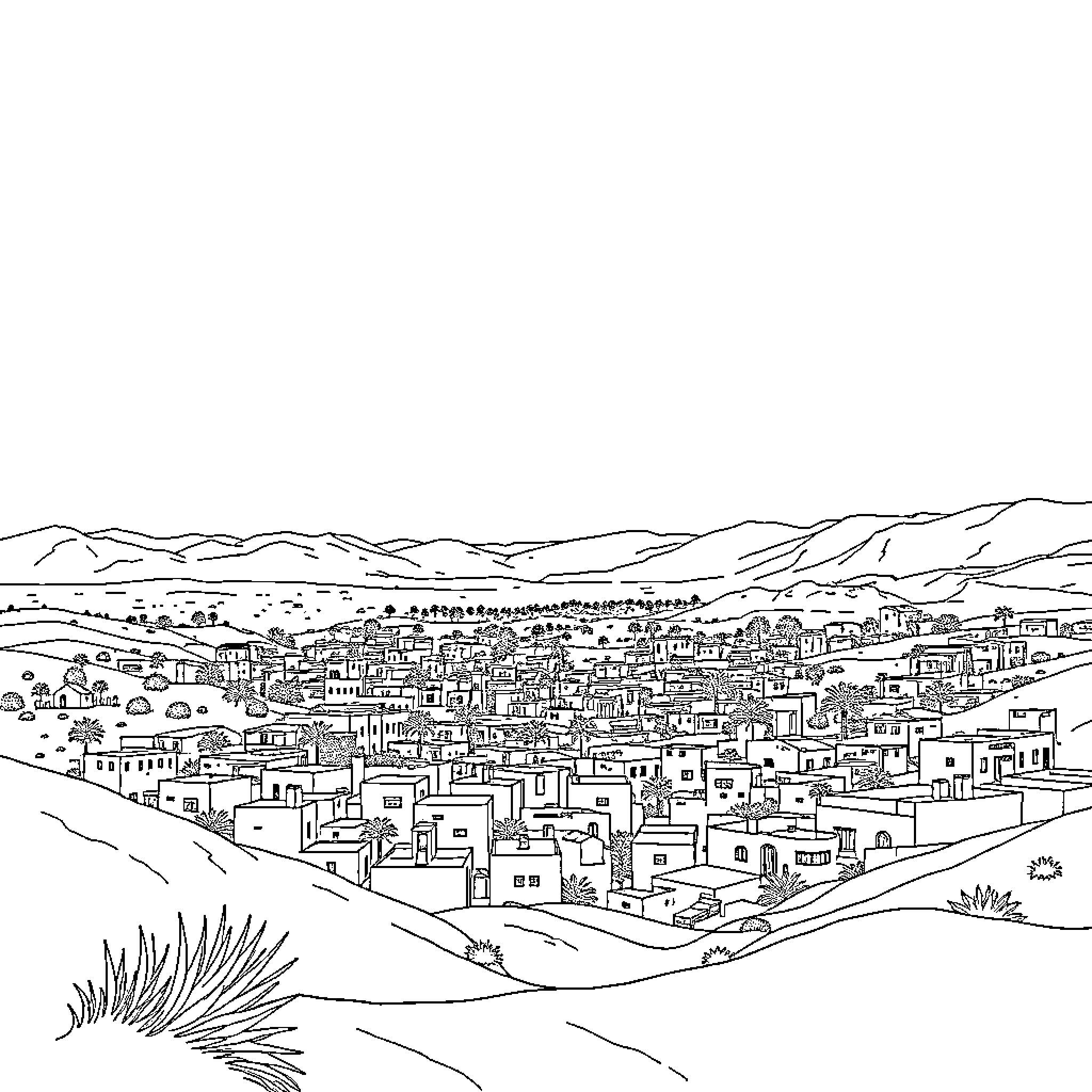 Qaba Scenic View of Crowded Cityscape Coloring Page (free black-and-white line drawing printable PDF for all, from beginners to advanced learners, including children, teens, adults, and seniors)