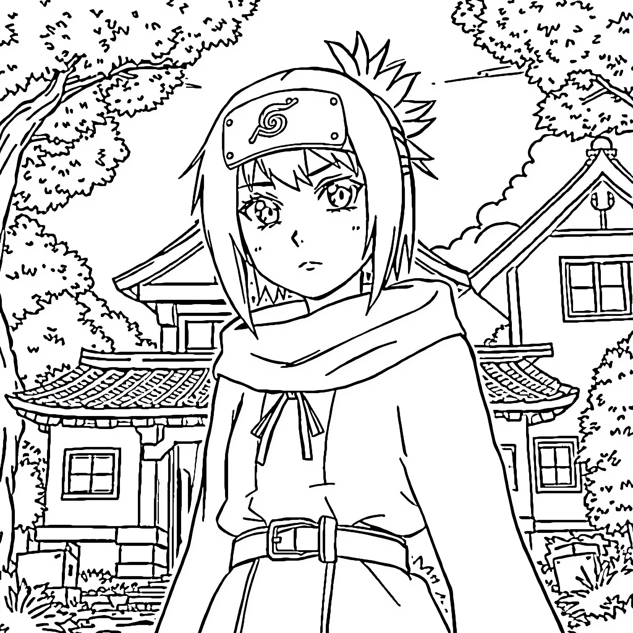 Hinata in Contemplative Pose by Rustic Cottage Coloring Page (free black-and-white line drawing printable PDF for all, from beginners to advanced learners, including children, teens, adults, and seniors)