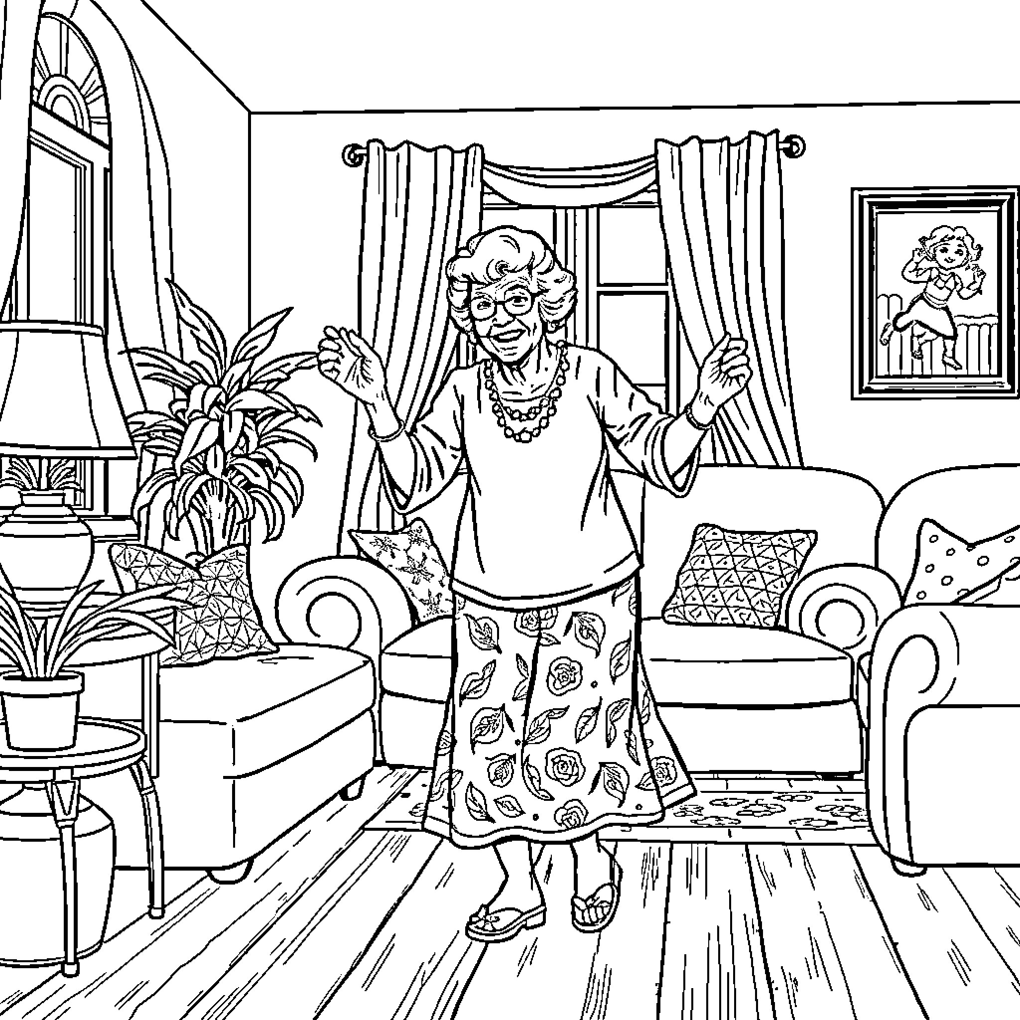 Grandma happily dancing in her living room Coloring Page (free black-and-white line drawing printable PDF for all, from beginners to advanced learners, including children, teens, adults, and seniors)
