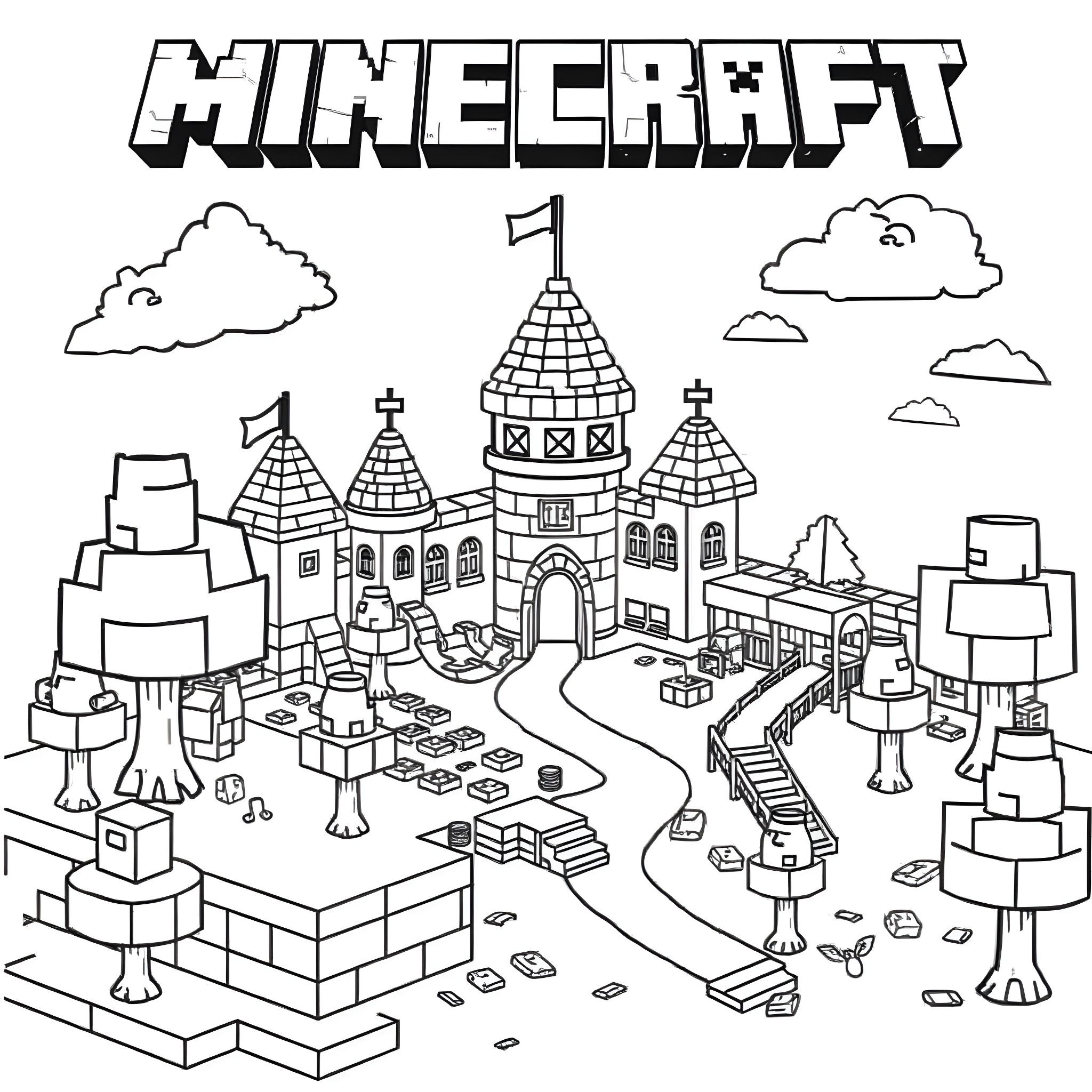 Minecraft: Exploring a Whimsical Blocky Village Coloring Page (free black-and-white line drawing printable PDF for all, from beginners to advanced learners, including children, teens, adults, and seniors)