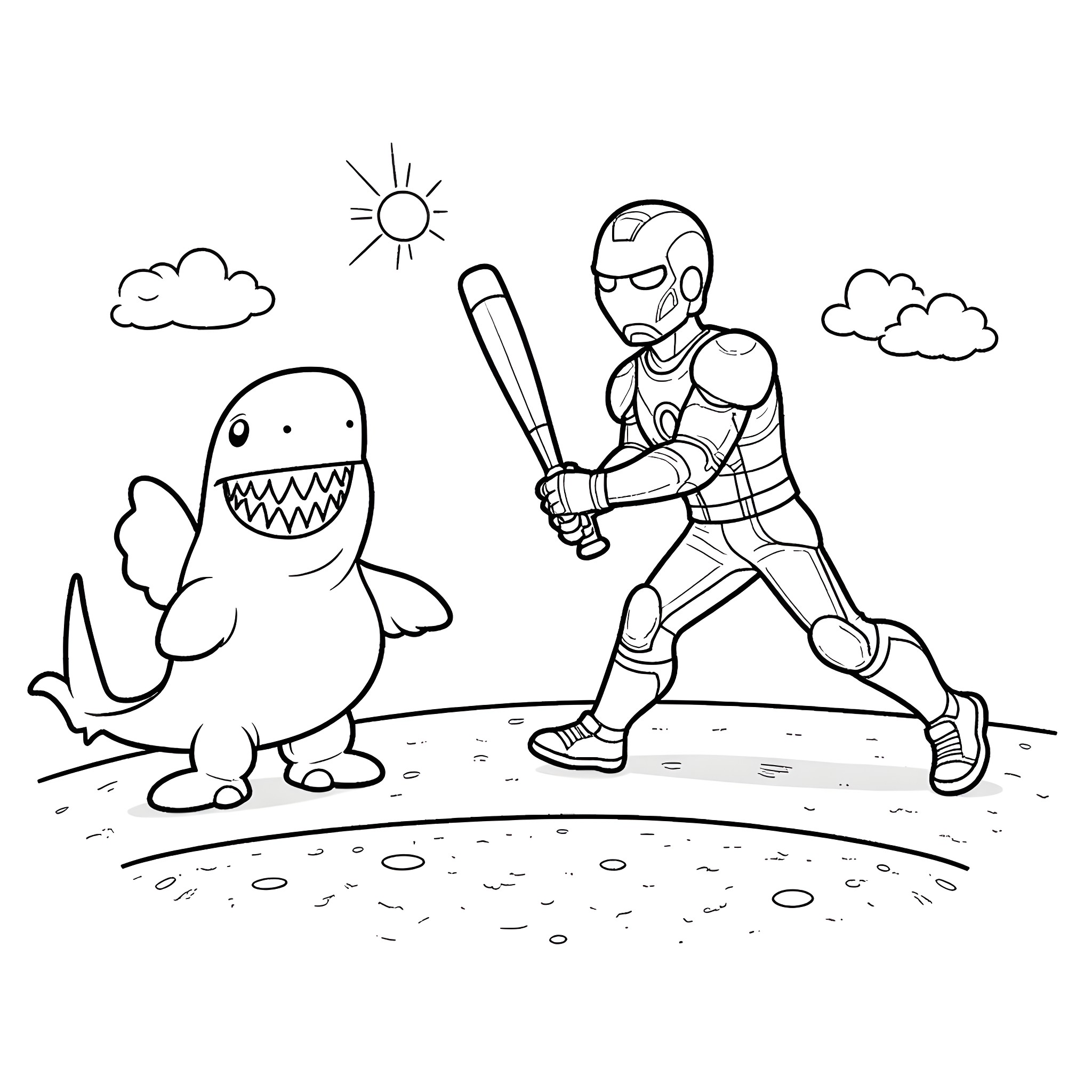 Iron Man battling a friendly shark in a playful scene Coloring Page (free black-and-white line drawing printable PDF for all, from beginners to advanced learners, including children, teens, adults, and seniors)