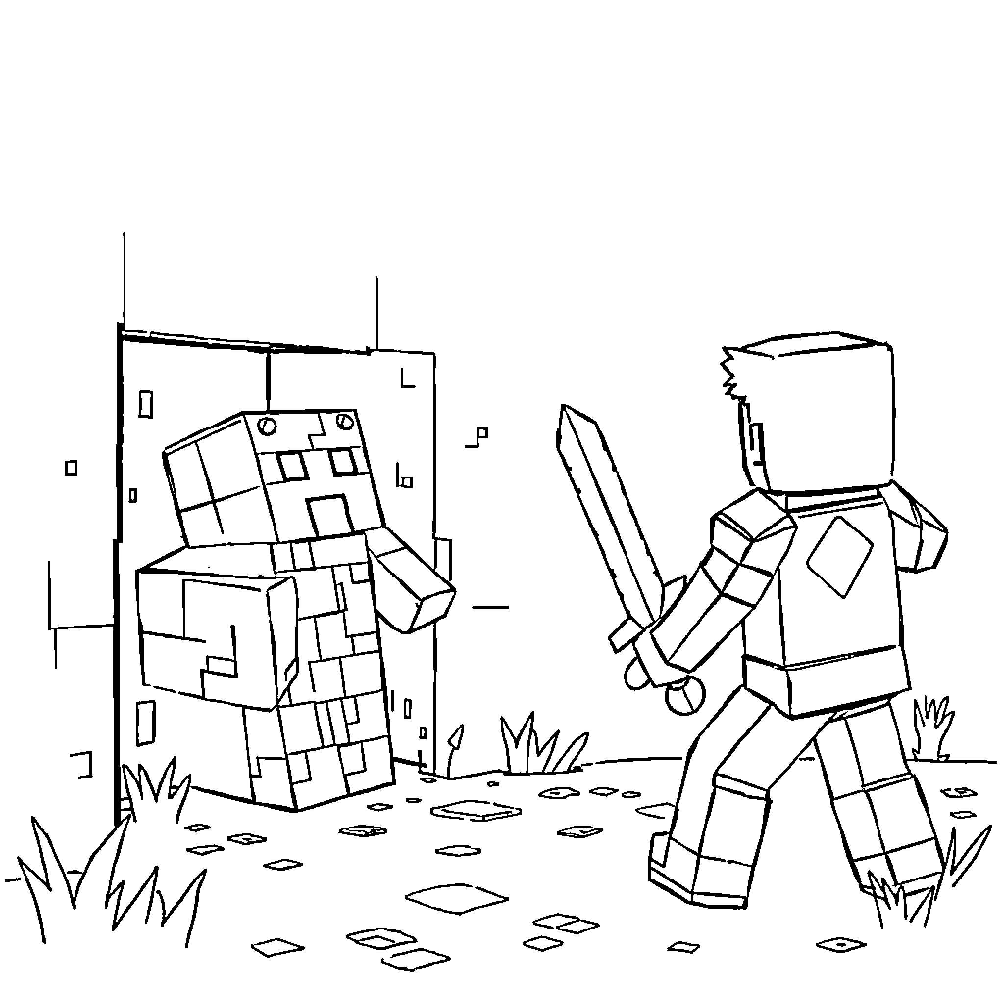 Creeper Attacking Minecraft Player with Sword Coloring Page (free black-and-white line drawing printable PDF for all, from beginners to advanced learners, including children, teens, adults, and seniors)