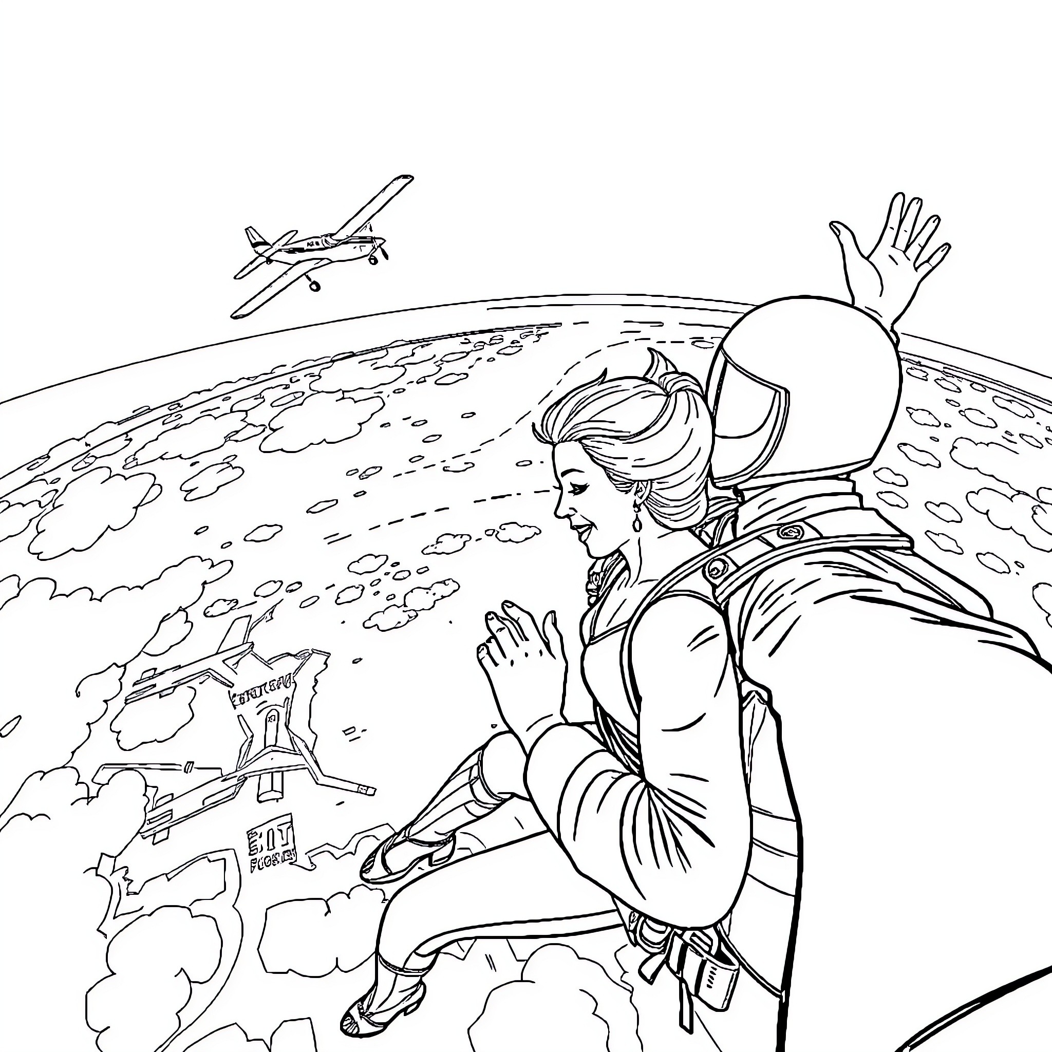 Parachutist Descending with Aircraft in the Sky Coloring Page (free black-and-white line drawing printable PDF for all, from beginners to advanced learners, including children, teens, adults, and seniors)