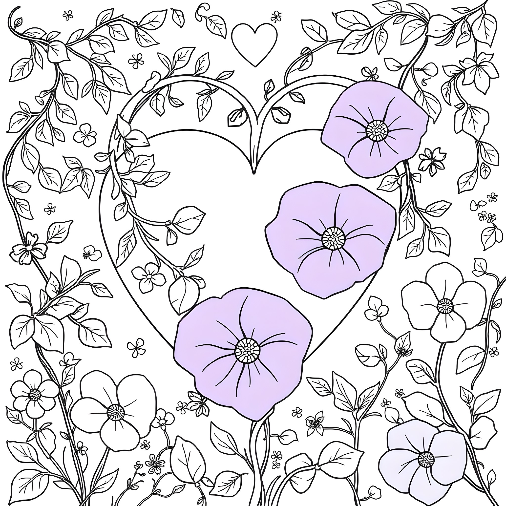 Heart-Shaped Floral Garland with Blooming Flowers Coloring Page (free black-and-white line drawing printable PDF for all, from beginners to advanced learners, including children, teens, adults, and seniors)
