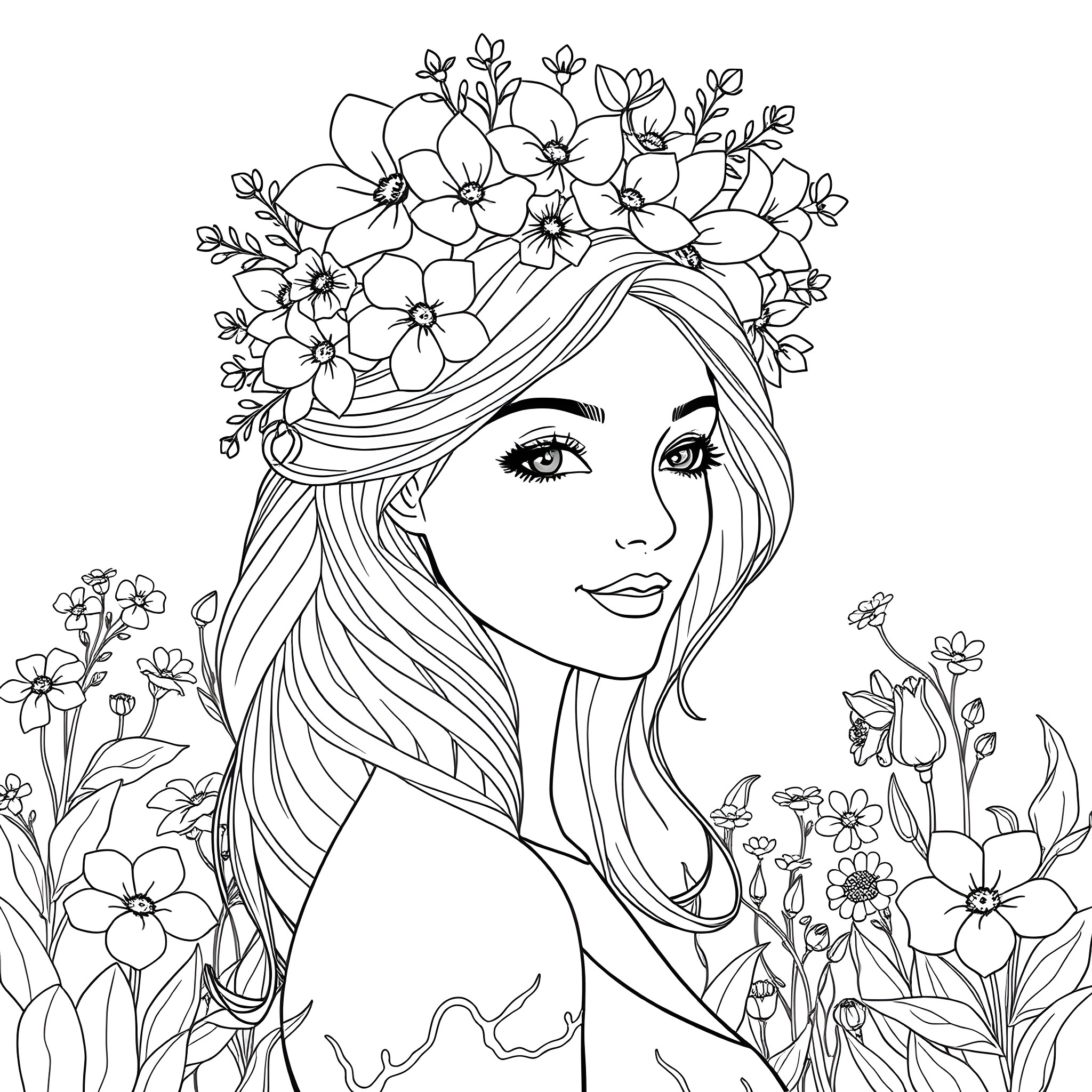 Woman with Floral Crown and Flowers Coloring Page (free black-and-white line drawing printable PDF for all, from beginners to advanced learners, including children, teens, adults, and seniors)