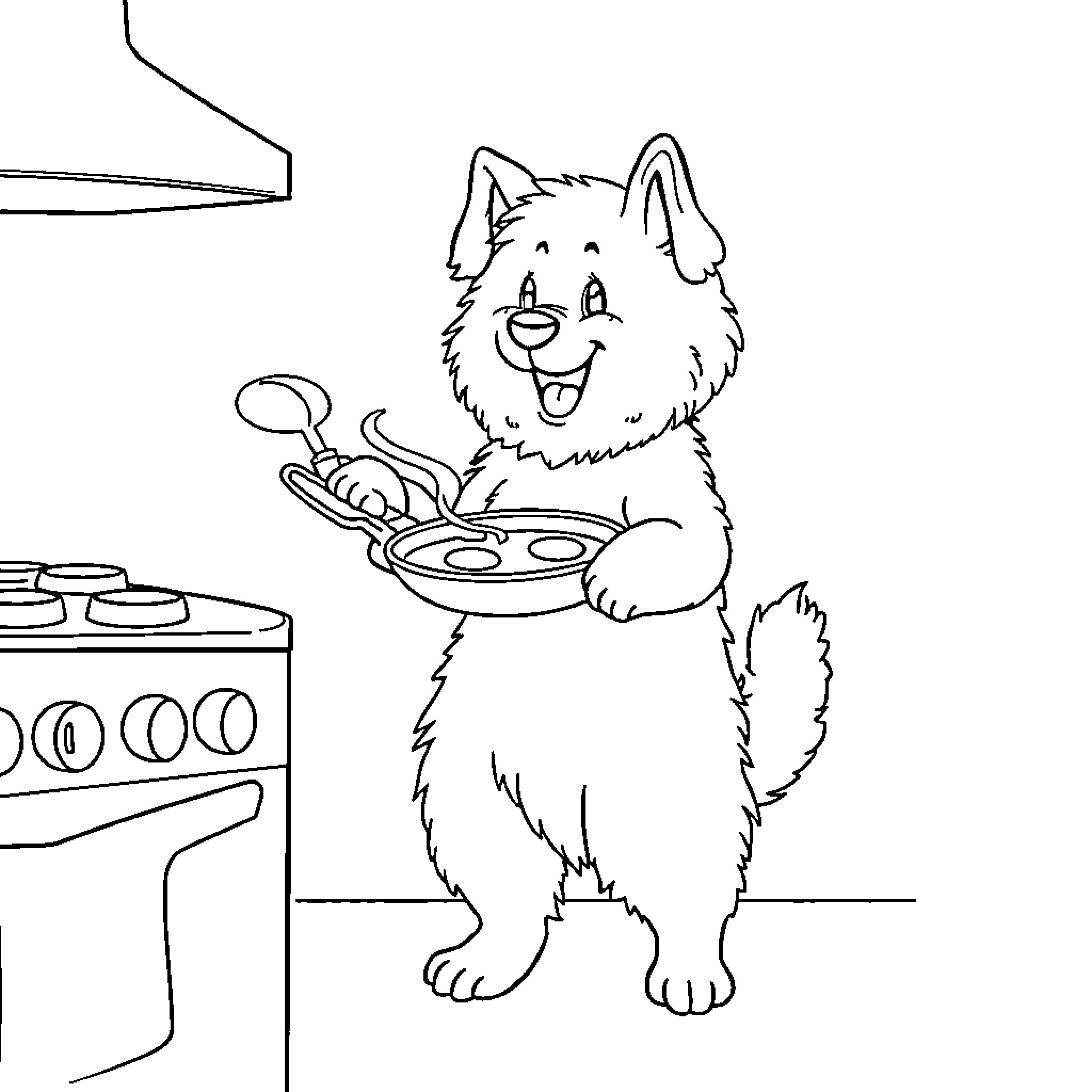 Dog cooking a meal in the kitchen Coloring Page (free black-and-white line drawing printable PDF for all, from beginners to advanced learners, including children, teens, adults, and seniors)
