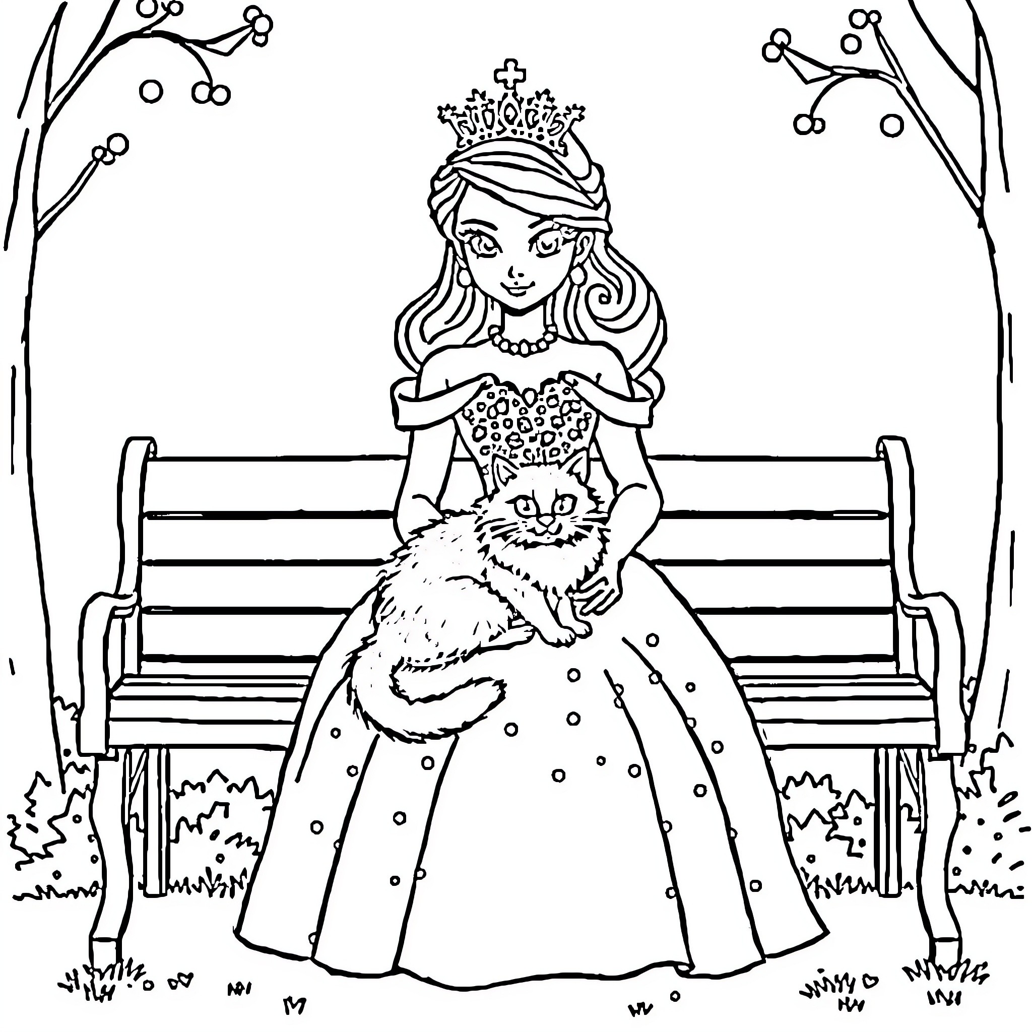 Princess with her pet cat in the park Coloring Page (free black-and-white line drawing printable PDF for all, from beginners to advanced learners, including children, teens, adults, and seniors)