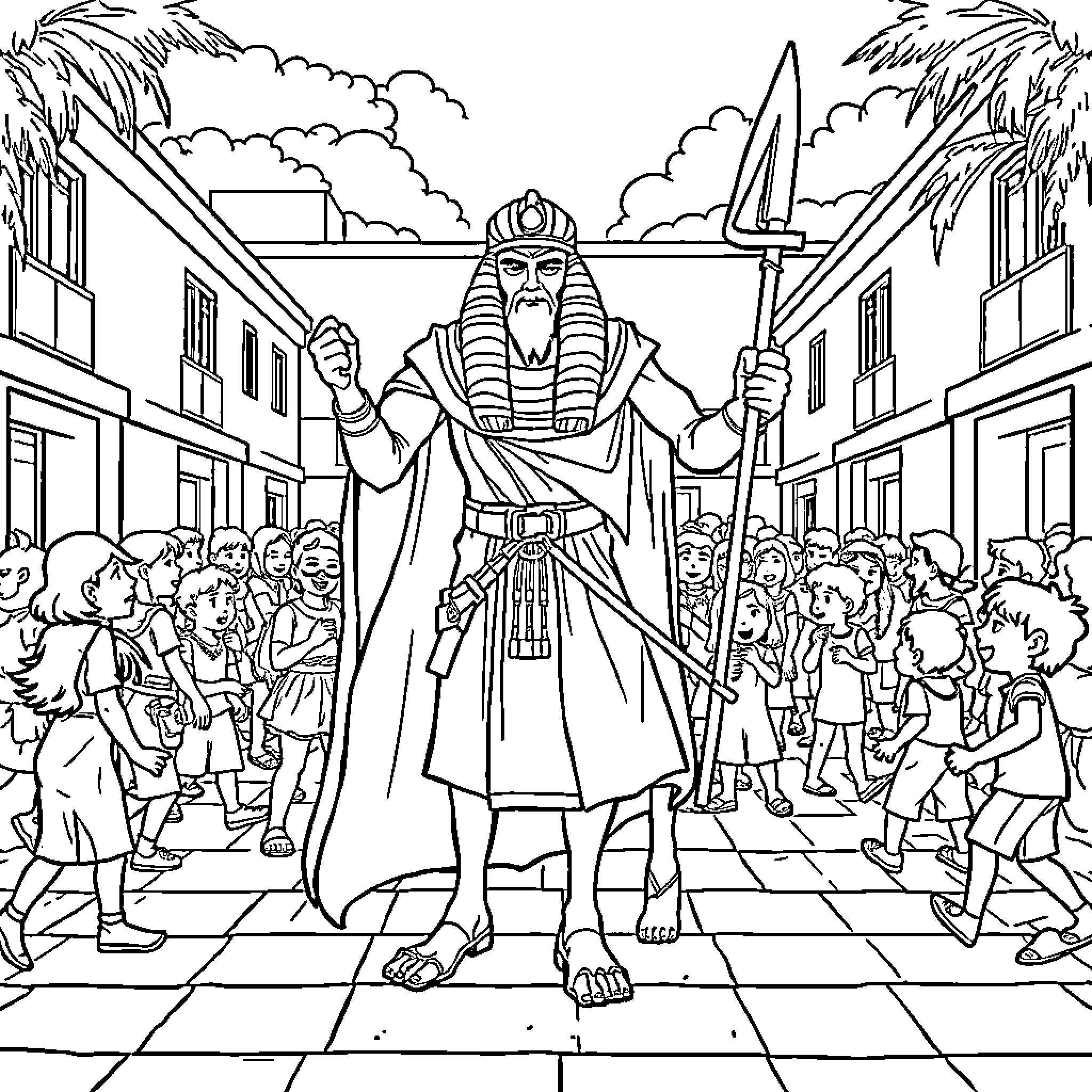 Faraón leading a parade through a crowded city Coloring Page (free black-and-white line drawing printable PDF for all, from beginners to advanced learners, including children, teens, adults, and seniors)