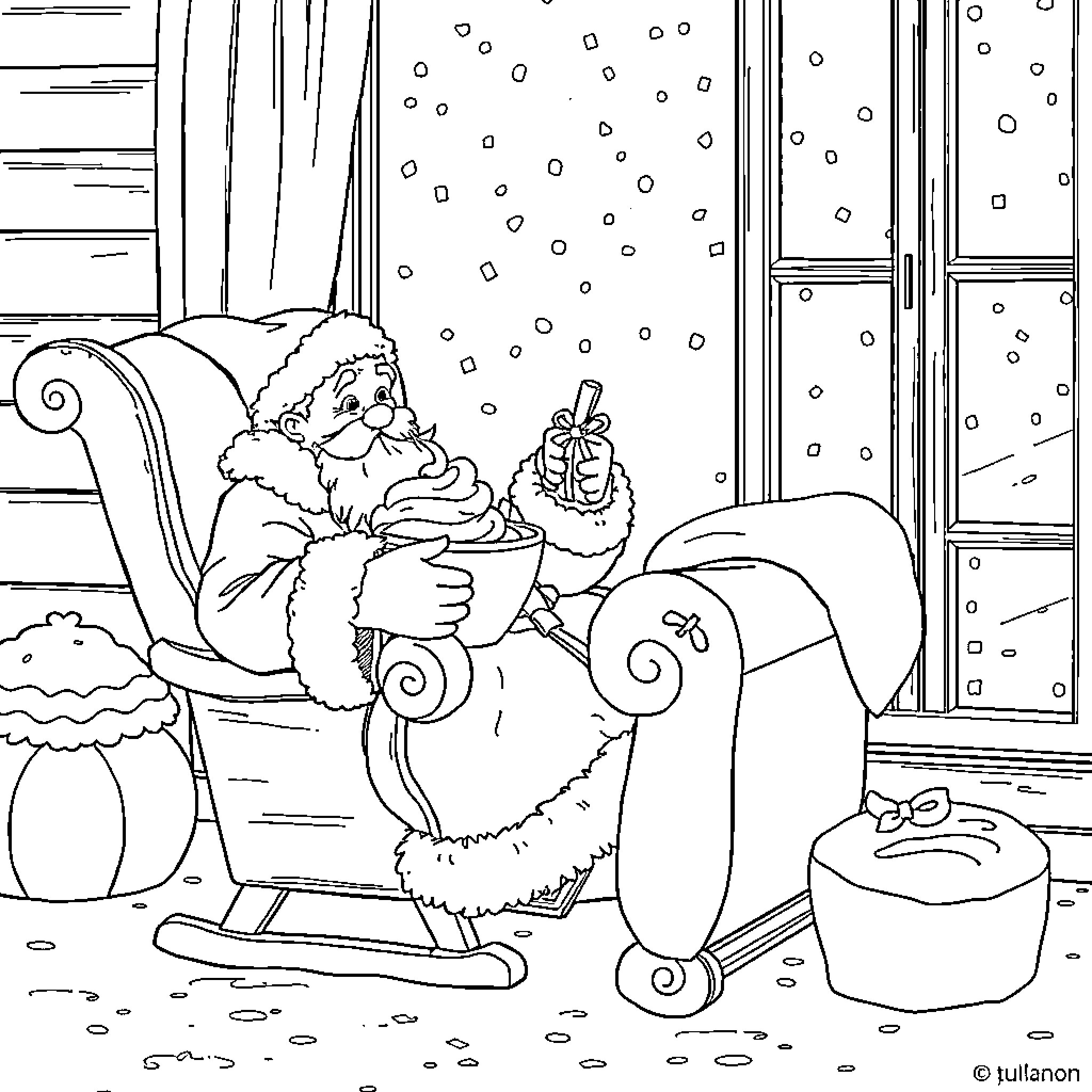 Père Noël relaxing in a cozy winter scene Coloring Page (free black-and-white line drawing printable PDF for all, from beginners to advanced learners, including children, teens, adults, and seniors)