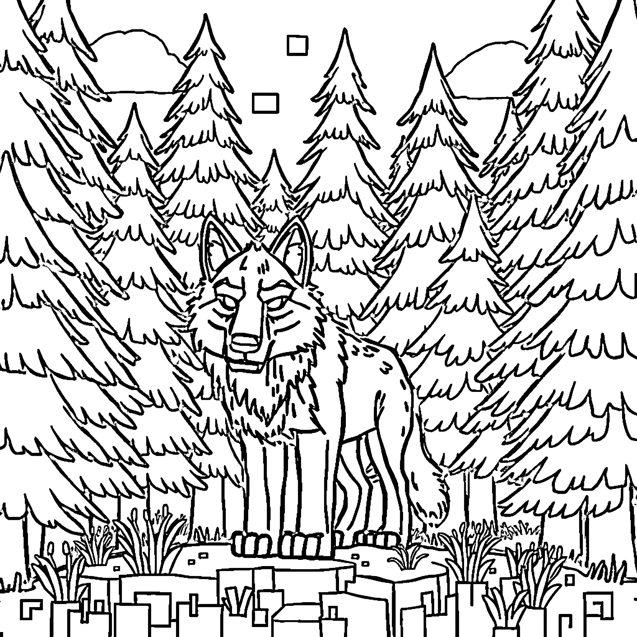 Wolf pack exploring the forest landscape Coloring Page (free black-and-white line drawing printable PDF for all, from beginners to advanced learners, including children, teens, adults, and seniors)