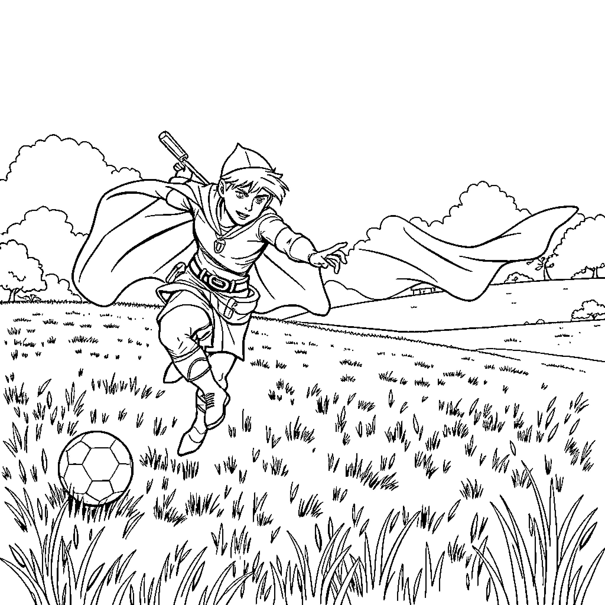 Robin Hood playing soccer in a grassy field Coloring Page (free black-and-white line drawing printable PDF for all, from beginners to advanced learners, including children, teens, adults, and seniors)