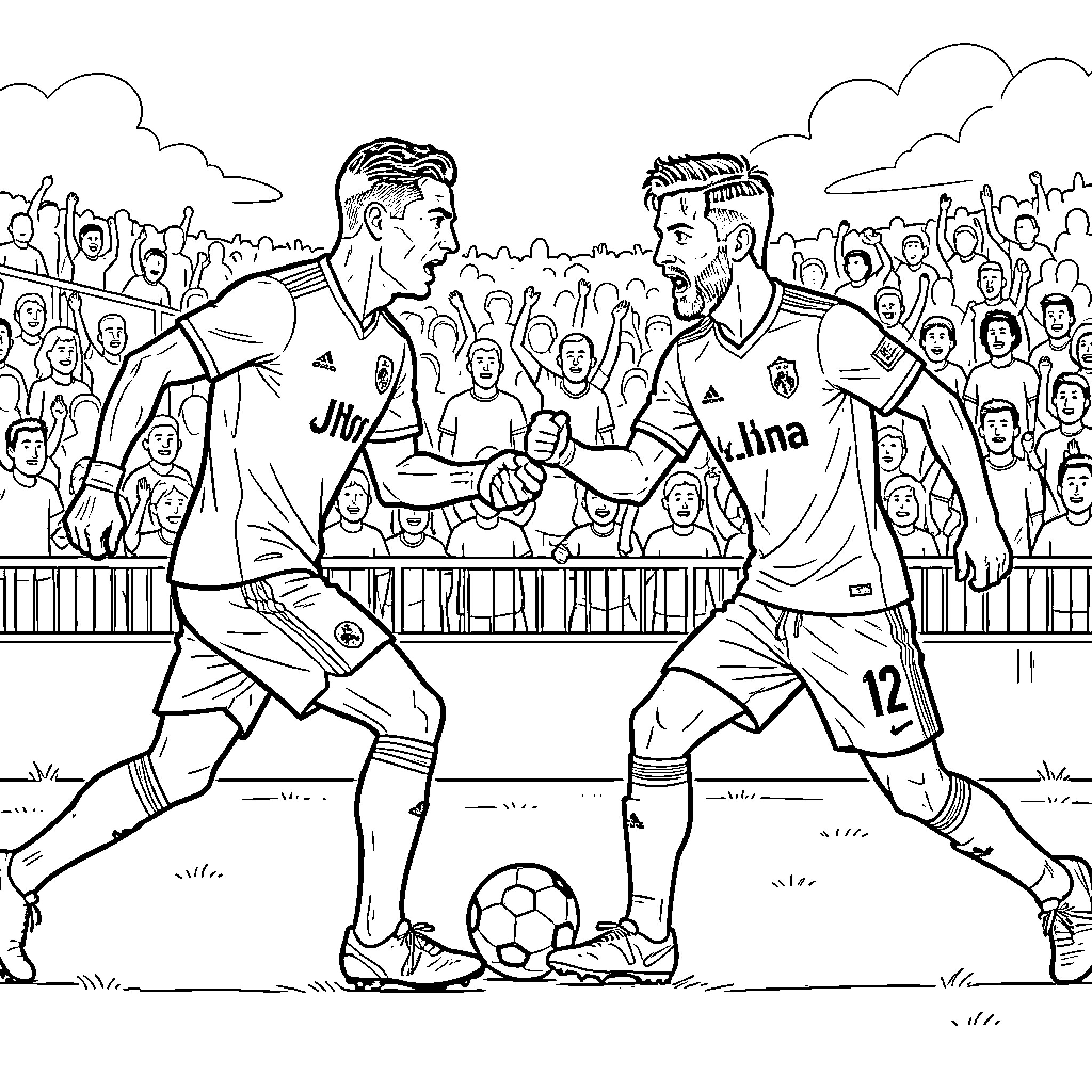 Cristiano Ronaldo celebrating a goal with a teammate Coloring Page (free black-and-white line drawing printable PDF for all, from beginners to advanced learners, including children, teens, adults, and seniors)