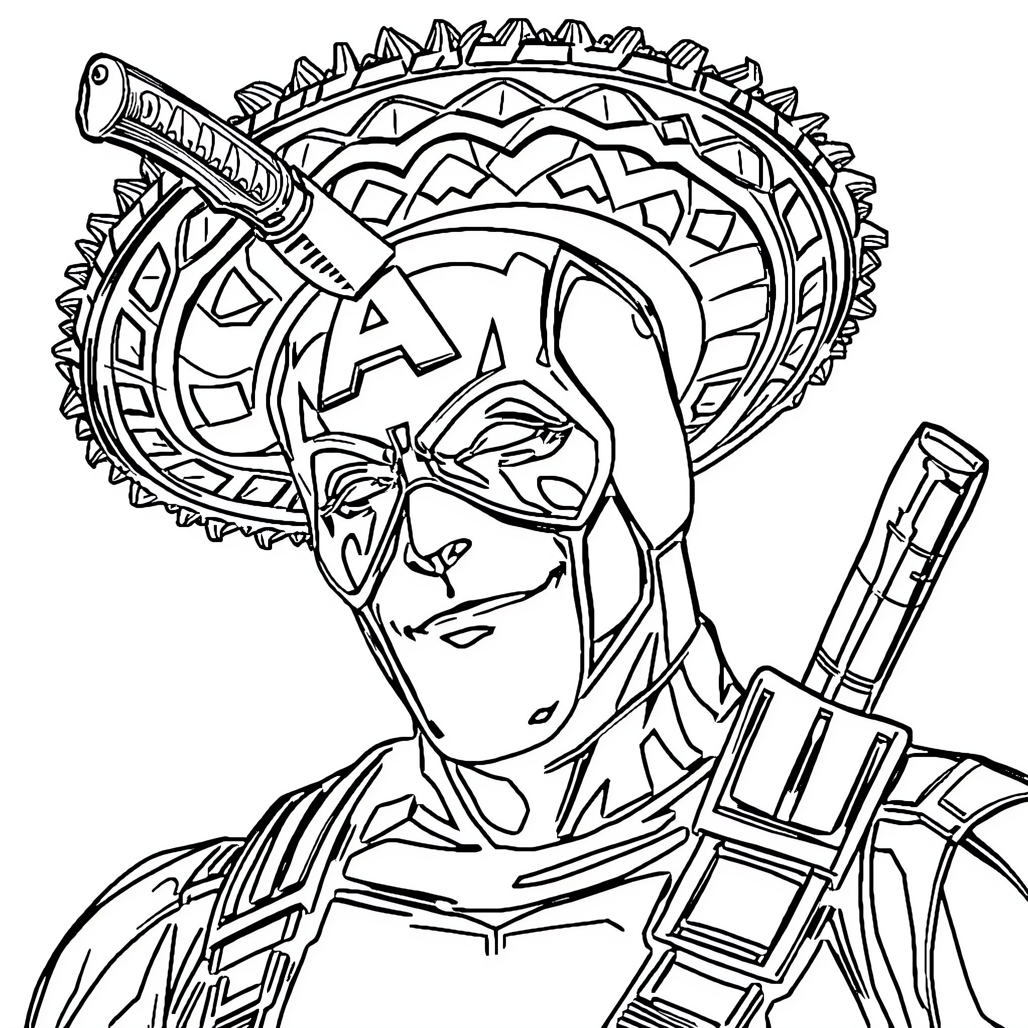 Captain America Warrior Pose with Futuristic Gear Coloring Page (free black-and-white line drawing printable PDF for all, from beginners to advanced learners, including children, teens, adults, and seniors)