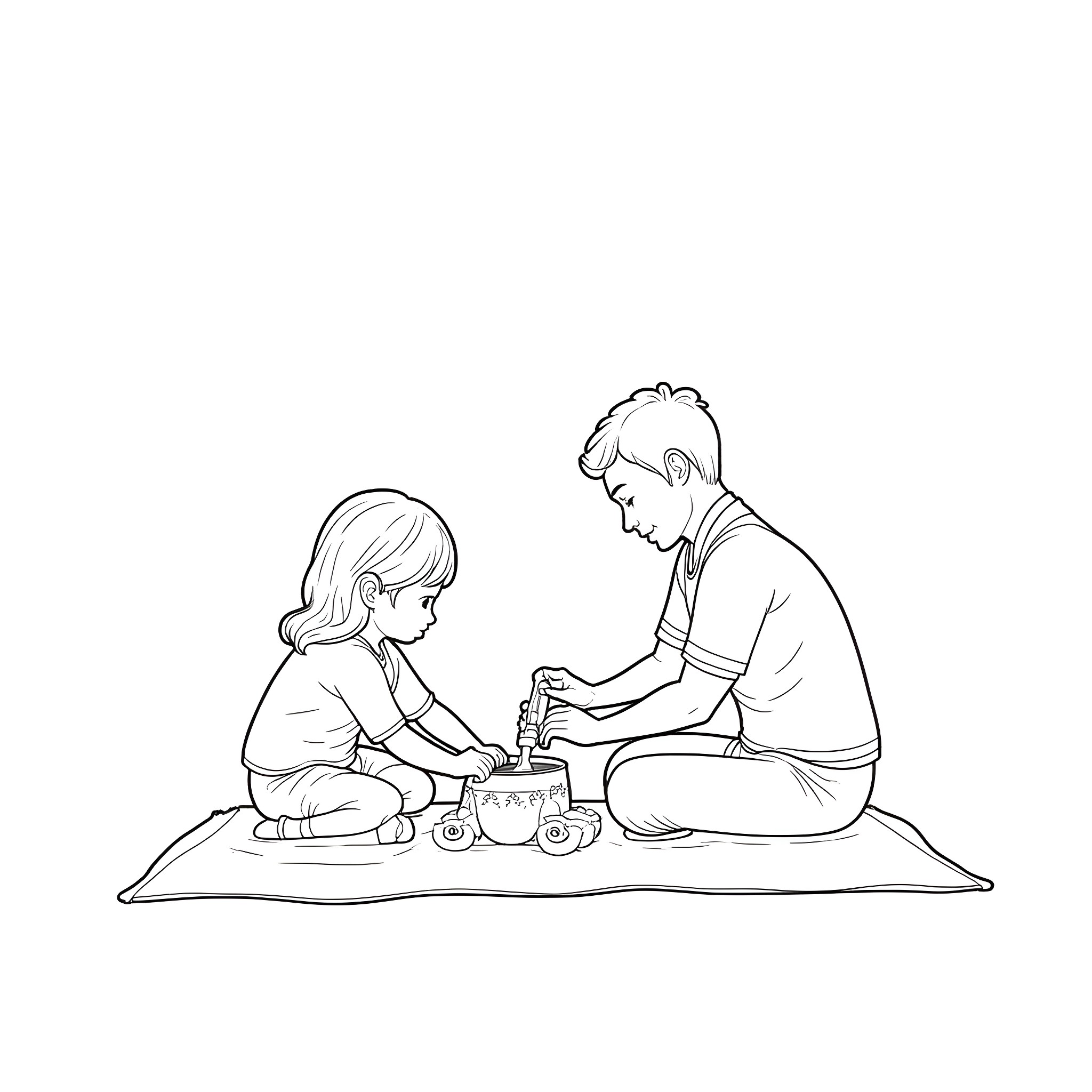 Family Playing with Toys on Carpet Coloring Page (free black-and-white line drawing printable PDF for all, from beginners to advanced learners, including children, teens, adults, and seniors)