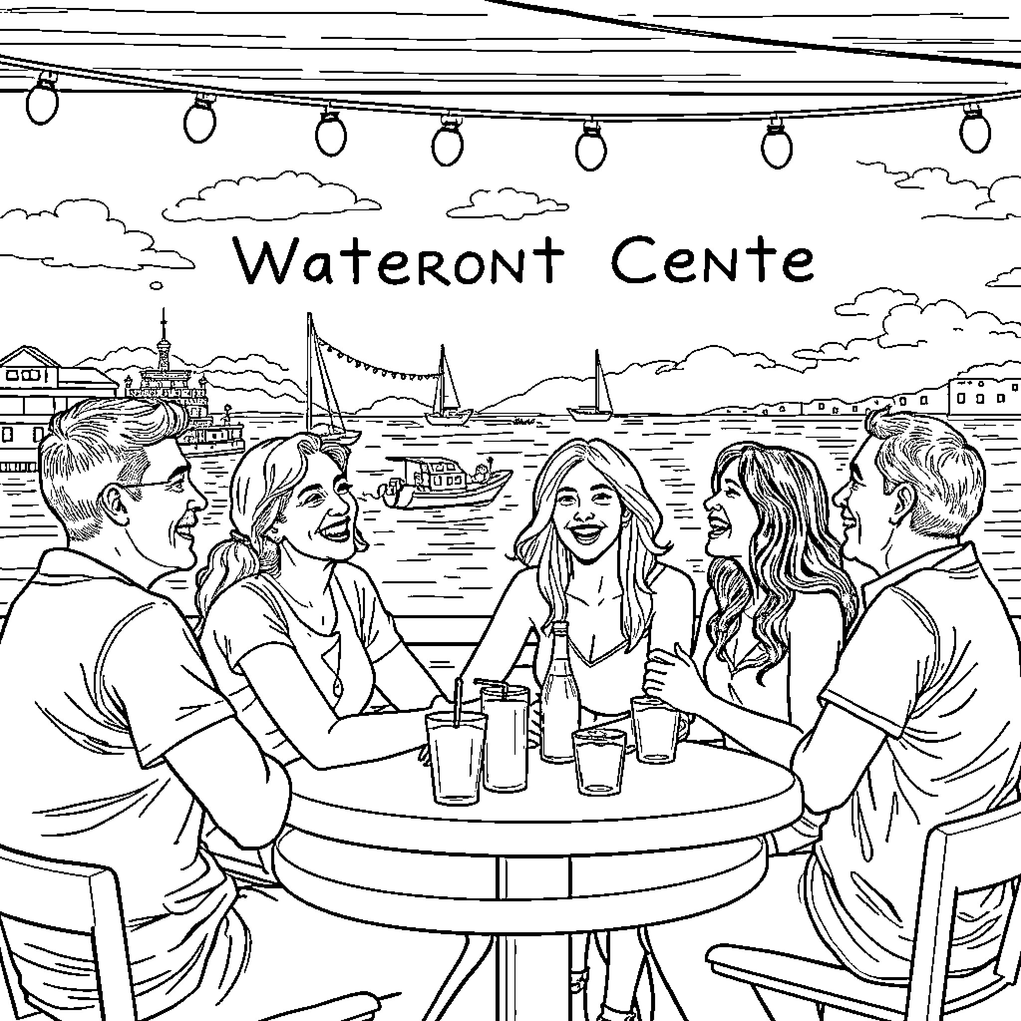 Friend gathering at the Waterfront Centre Coloring Page (free black-and-white line drawing printable PDF for all, from beginners to advanced learners, including children, teens, adults, and seniors)