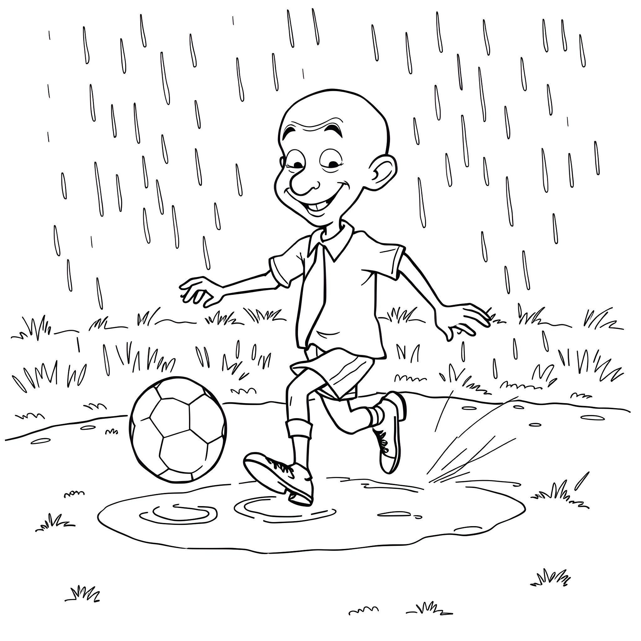 Mr Bean playing soccer in the rain Coloring Page (free black-and-white line drawing printable PDF for all, from beginners to advanced learners, including children, teens, adults, and seniors)
