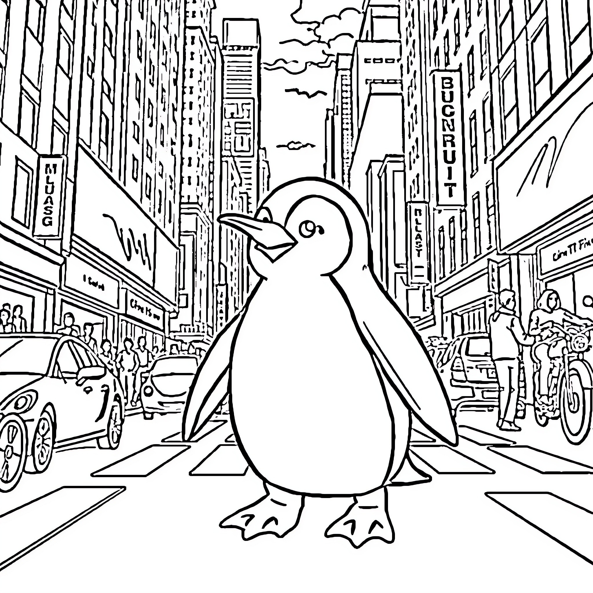 Penguin wandering in a bustling city scene Coloring Page (free black-and-white line drawing printable PDF for all, from beginners to advanced learners, including children, teens, adults, and seniors)