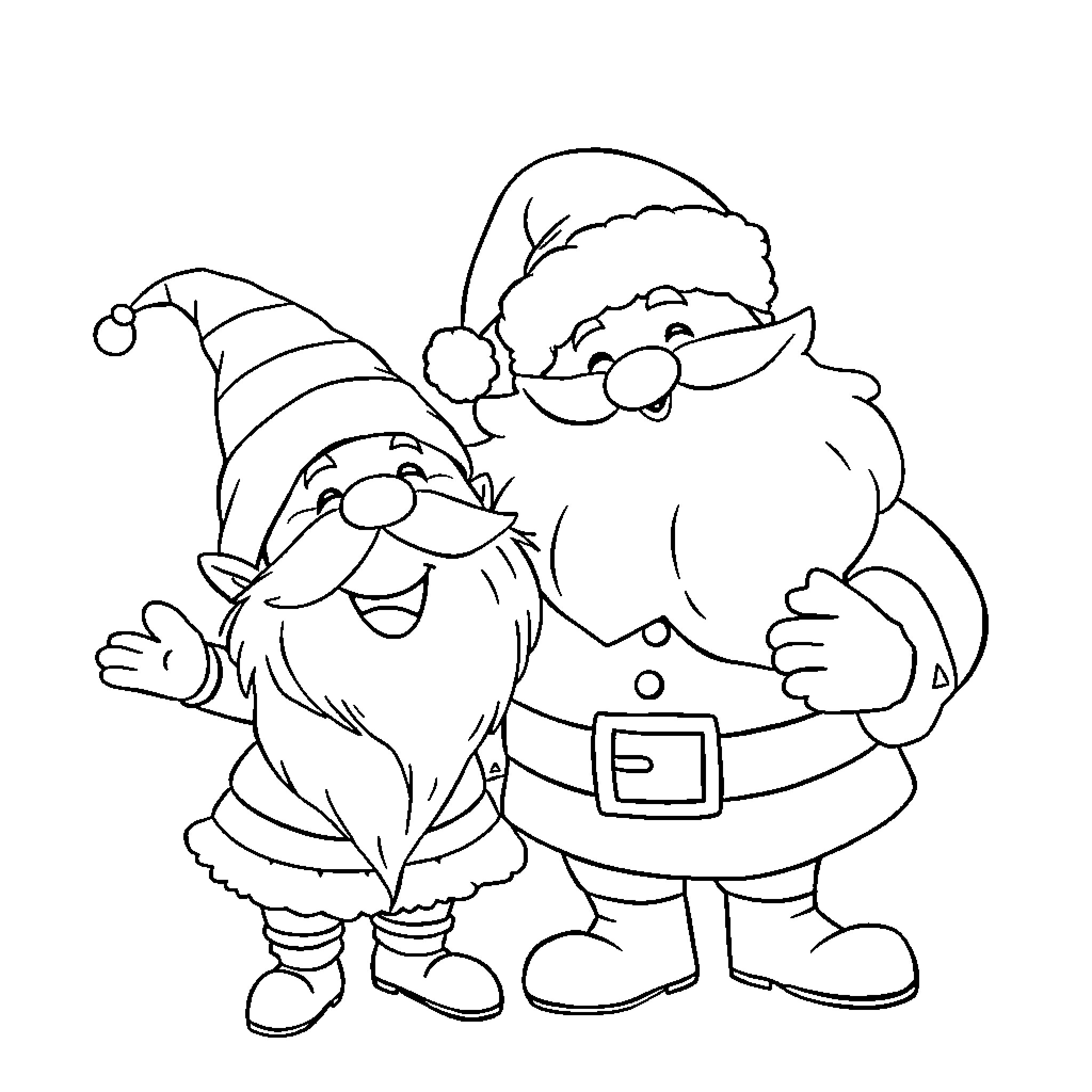 Santa Claus and his Jolly Elf Friend Coloring Page (free black-and-white line drawing printable PDF for all, from beginners to advanced learners, including children, teens, adults, and seniors)
