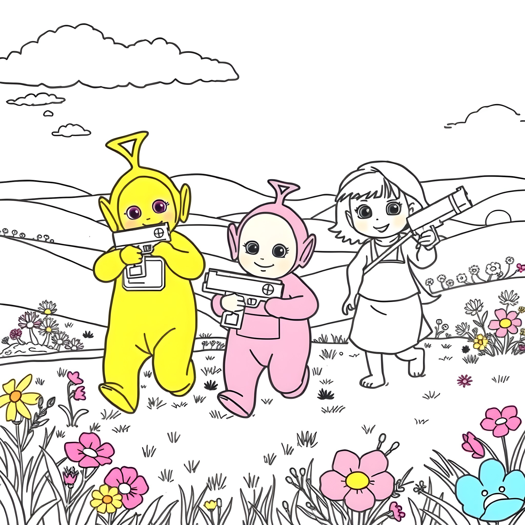 Teletubbies playing cheerfully in a flowery meadow Coloring Page (free black-and-white line drawing printable PDF for all, from beginners to advanced learners, including children, teens, adults, and seniors)