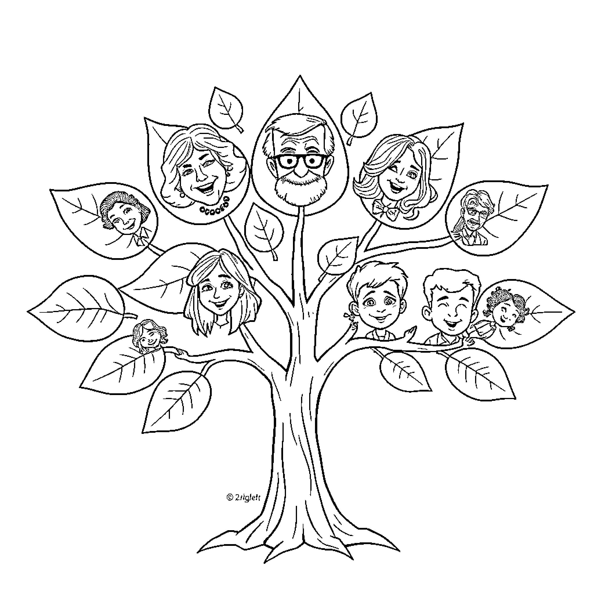 Genealogy Tree of Family Members Coloring Page (free black-and-white line drawing printable PDF for all, from beginners to advanced learners, including children, teens, adults, and seniors)