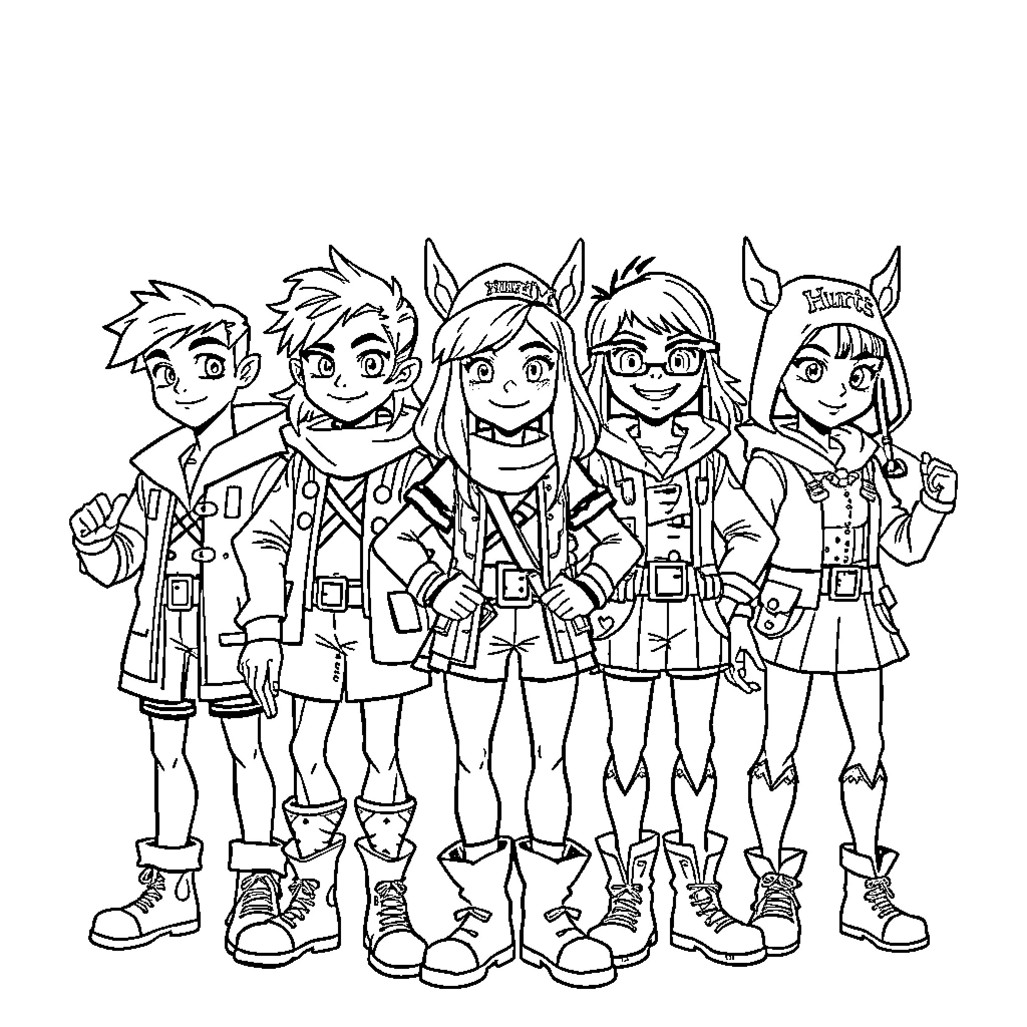 Huntrix Group Adventure in Fantasy Outfits Coloring Page (free black-and-white line drawing printable PDF for all, from beginners to advanced learners, including children, teens, adults, and seniors)