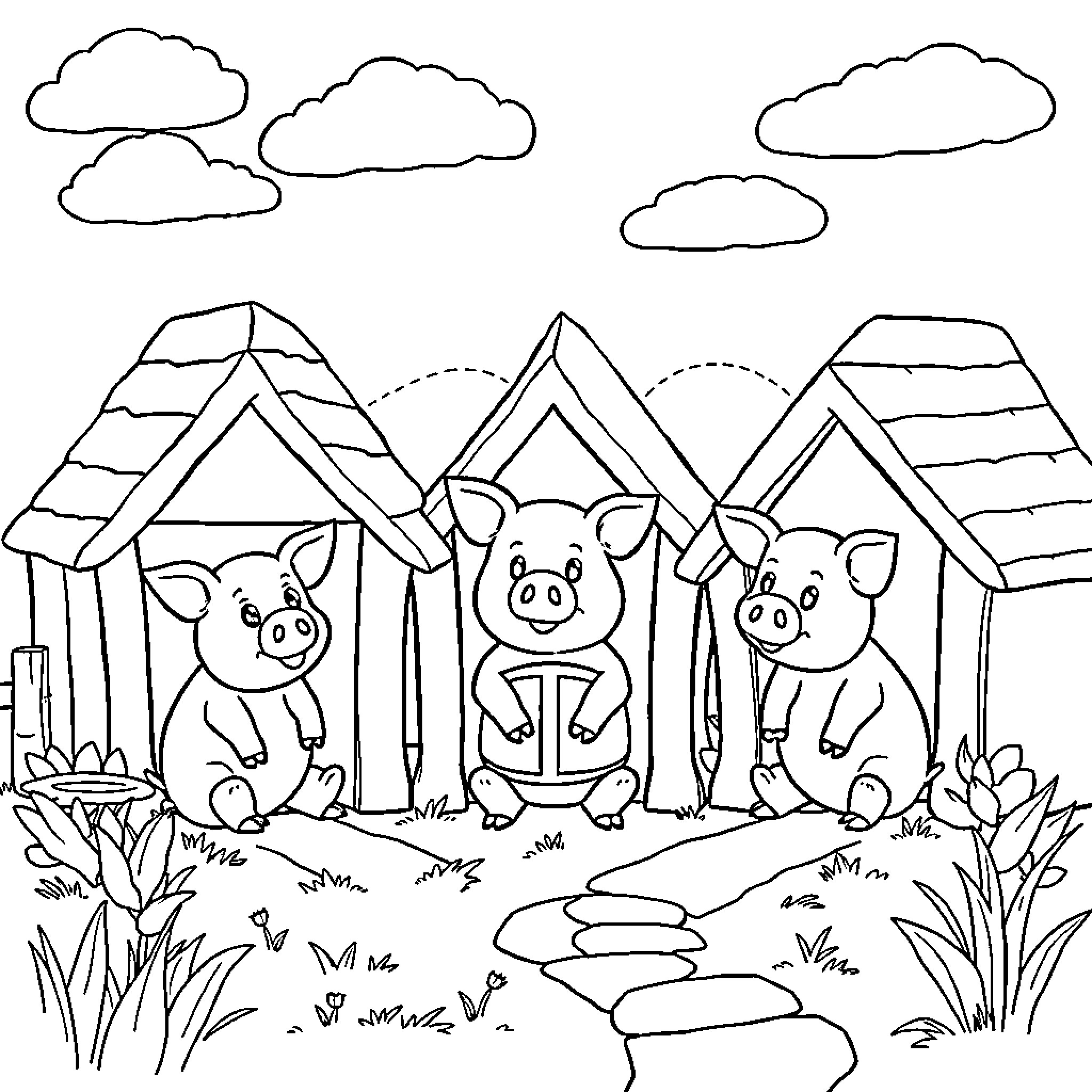 Pigs enjoying their homes in the countryside Coloring Page (free black-and-white line drawing printable PDF for all, from beginners to advanced learners, including children, teens, adults, and seniors)