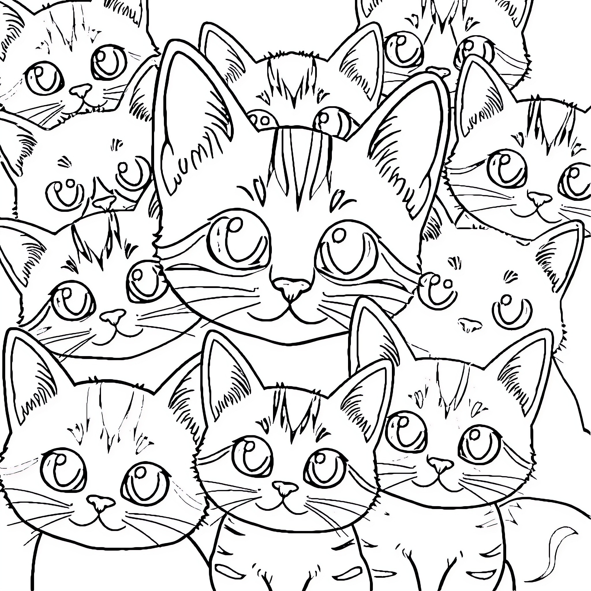 Cat Faces Collage Coloring Page (free black-and-white line drawing printable PDF for all, from beginners to advanced learners, including children, teens, adults, and seniors)