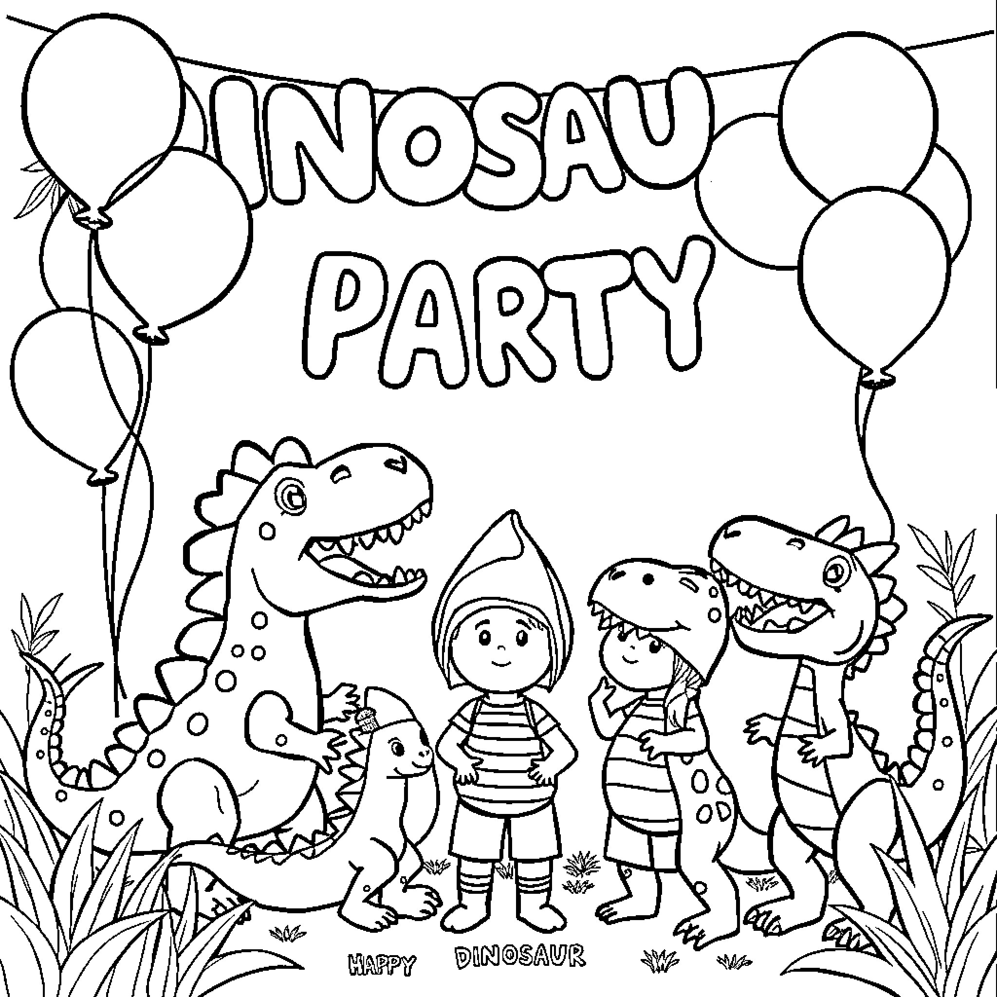Dinosaur Party with Balloons and Characters Coloring Page (free black-and-white line drawing printable PDF for all, from beginners to advanced learners, including children, teens, adults, and seniors)