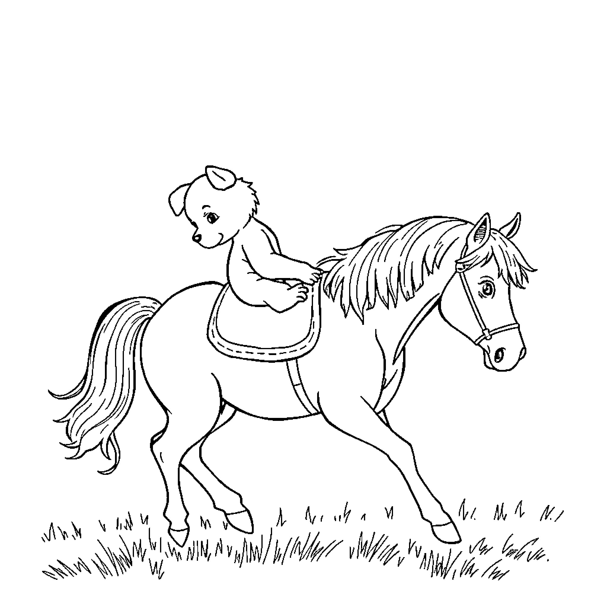 Dog riding a horse in a field Coloring Page (free black-and-white line drawing printable PDF for all, from beginners to advanced learners, including children, teens, adults, and seniors)
