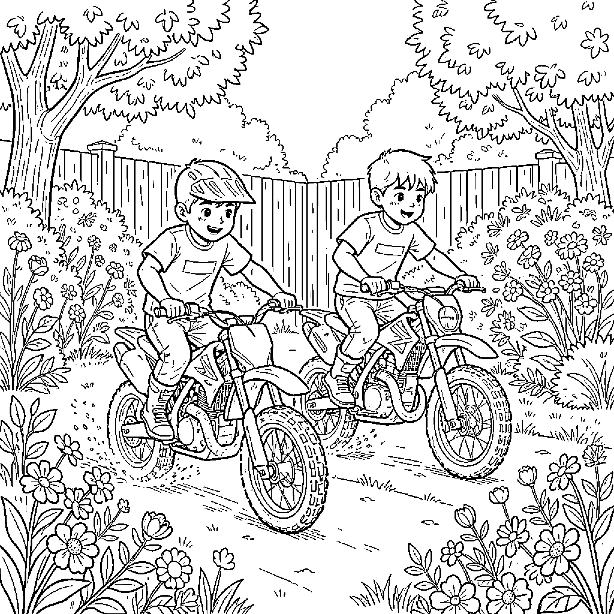Garçons riding bicycles in a lush garden Coloring Page (free black-and-white line drawing printable PDF for all, from beginners to advanced learners, including children, teens, adults, and seniors)