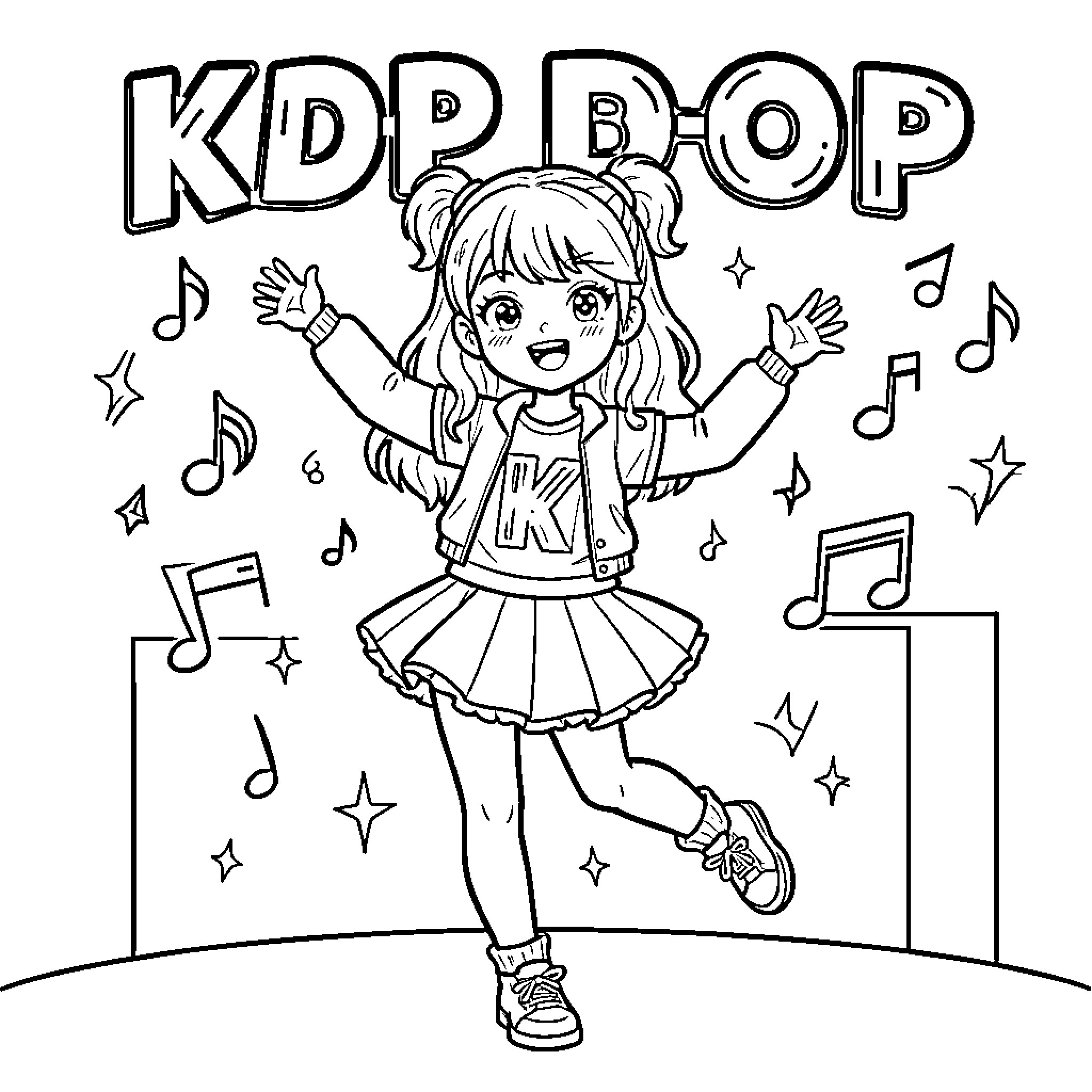 K Pop idol dancing joyfully on stage Coloring Page (free black-and-white line drawing printable PDF for all, from beginners to advanced learners, including children, teens, adults, and seniors)