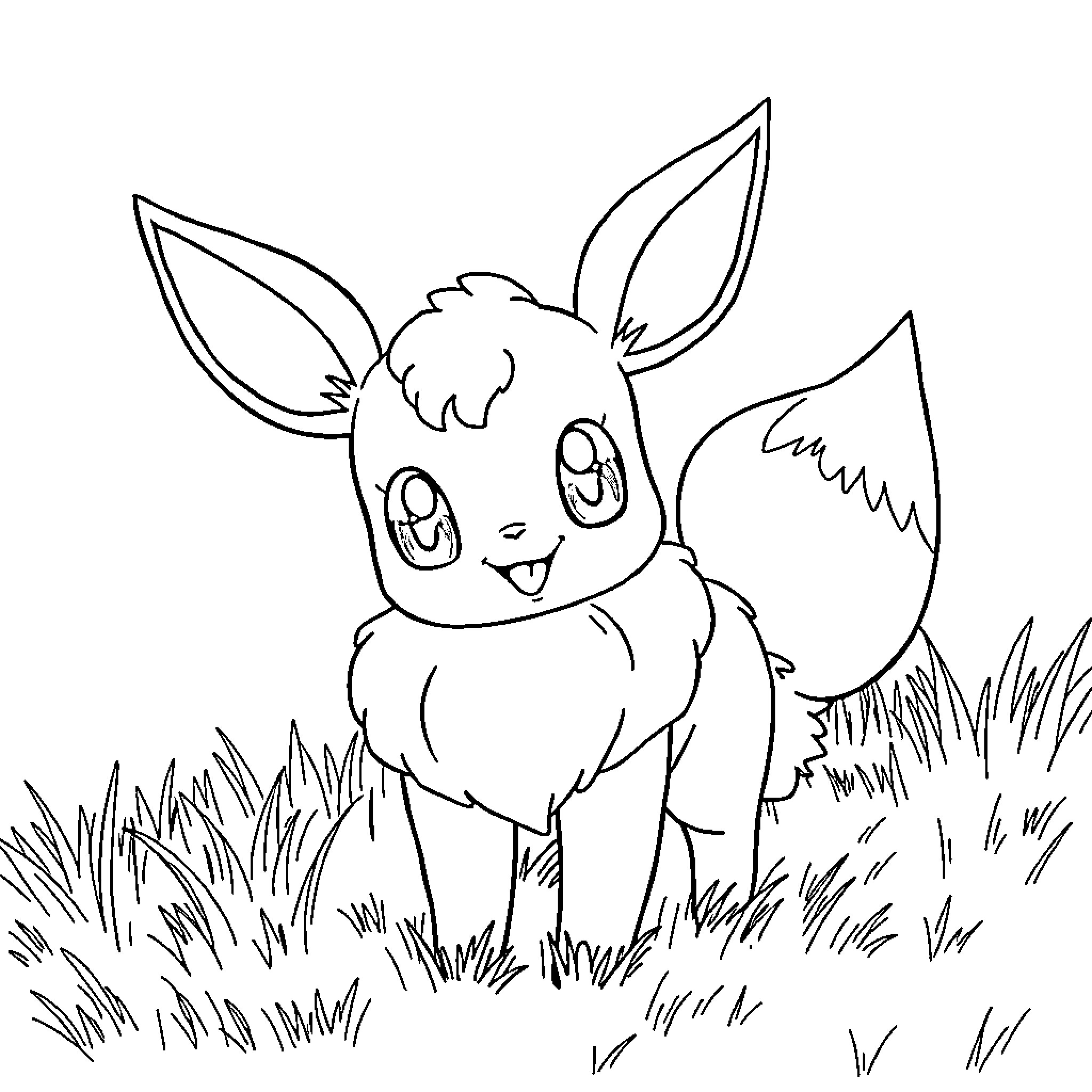 Eevee exploring the grassy meadow Coloring Page (free black-and-white line drawing printable PDF for all, from beginners to advanced learners, including children, teens, adults, and seniors)