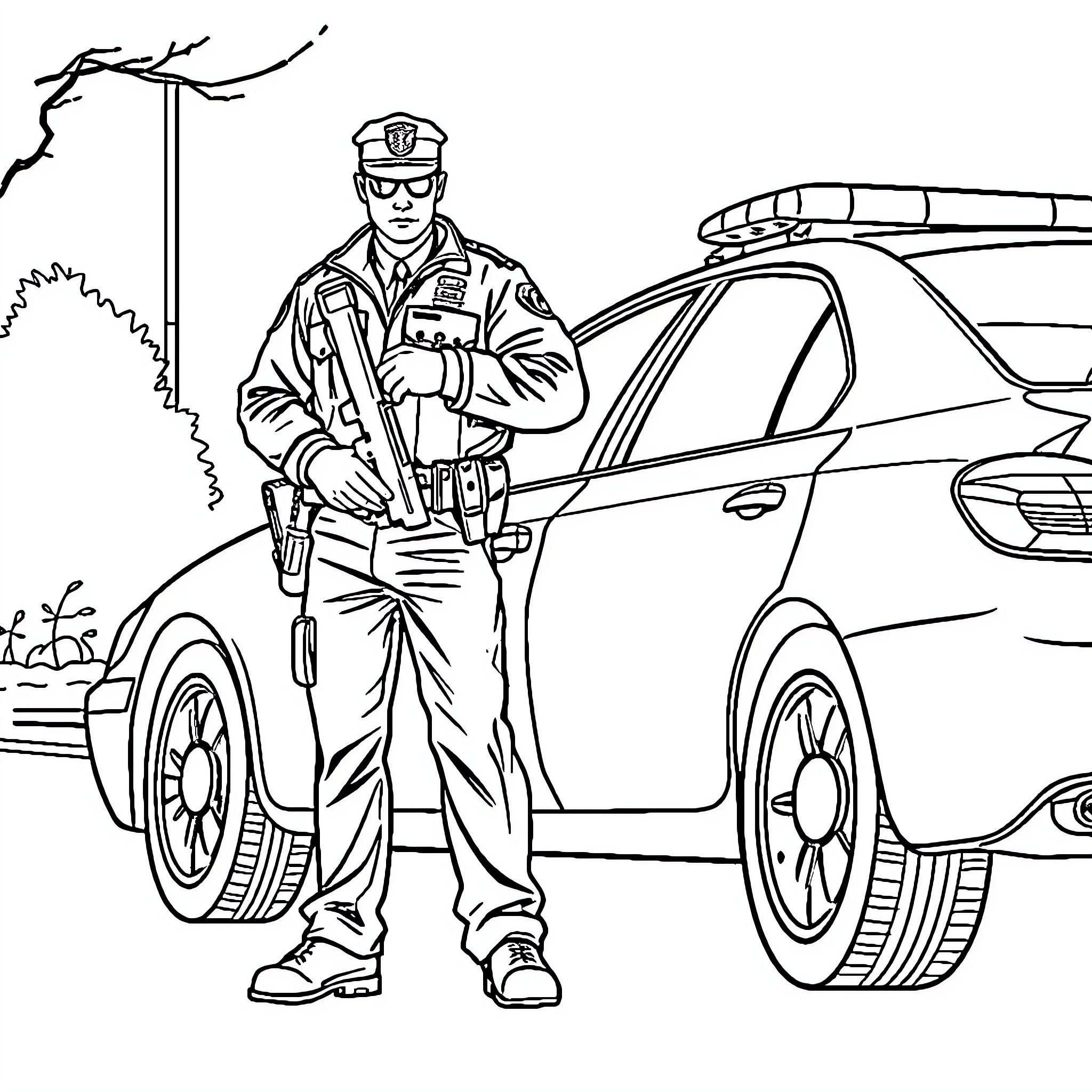 Police officer inspecting vehicle near patrol car Coloring Page (free black-and-white line drawing printable PDF for all, from beginners to advanced learners, including children, teens, adults, and seniors)