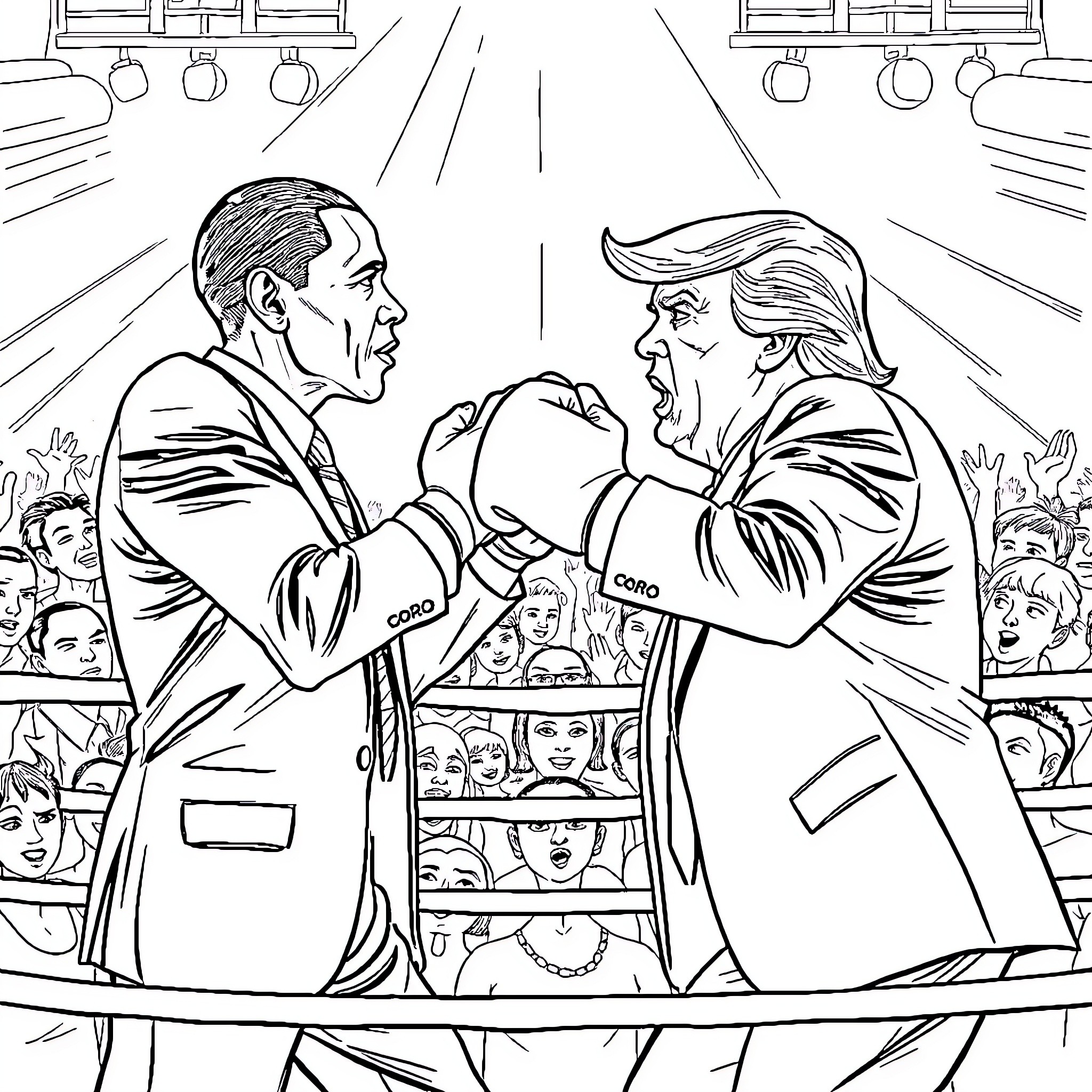 Barack Obama and Donald Trump debating on stage Coloring Page (free black-and-white line drawing printable PDF for all, from beginners to advanced learners, including children, teens, adults, and seniors)
