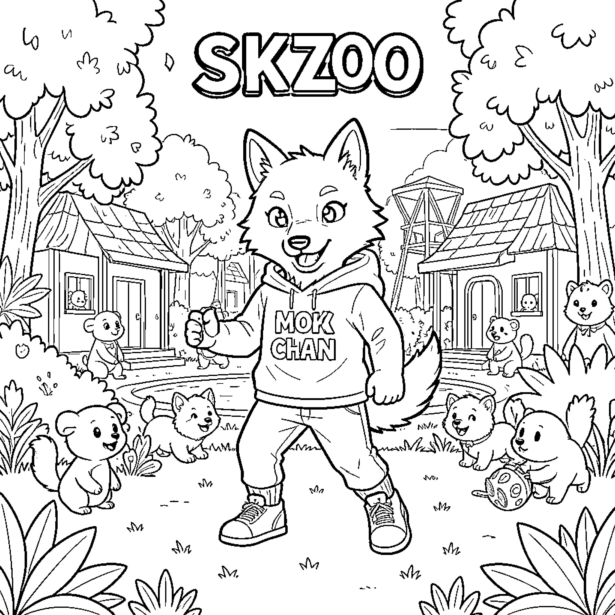 Wolf character walking joyfully through a forest village Coloring Page (free black-and-white line drawing printable PDF for all, from beginners to advanced learners, including children, teens, adults, and seniors)