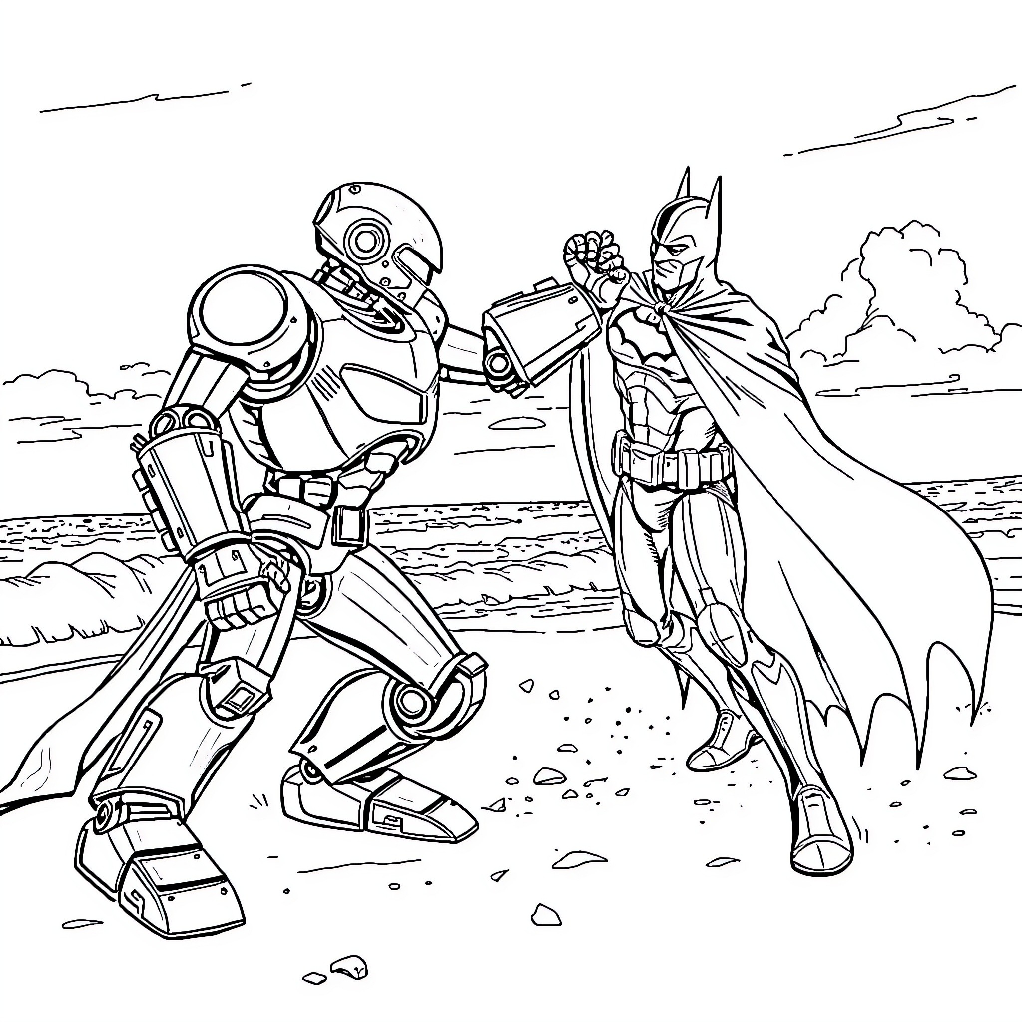 Robot and Superhero Confrontation in the Wilderness Coloring Page (free black-and-white line drawing printable PDF for all, from beginners to advanced learners, including children, teens, adults, and seniors)