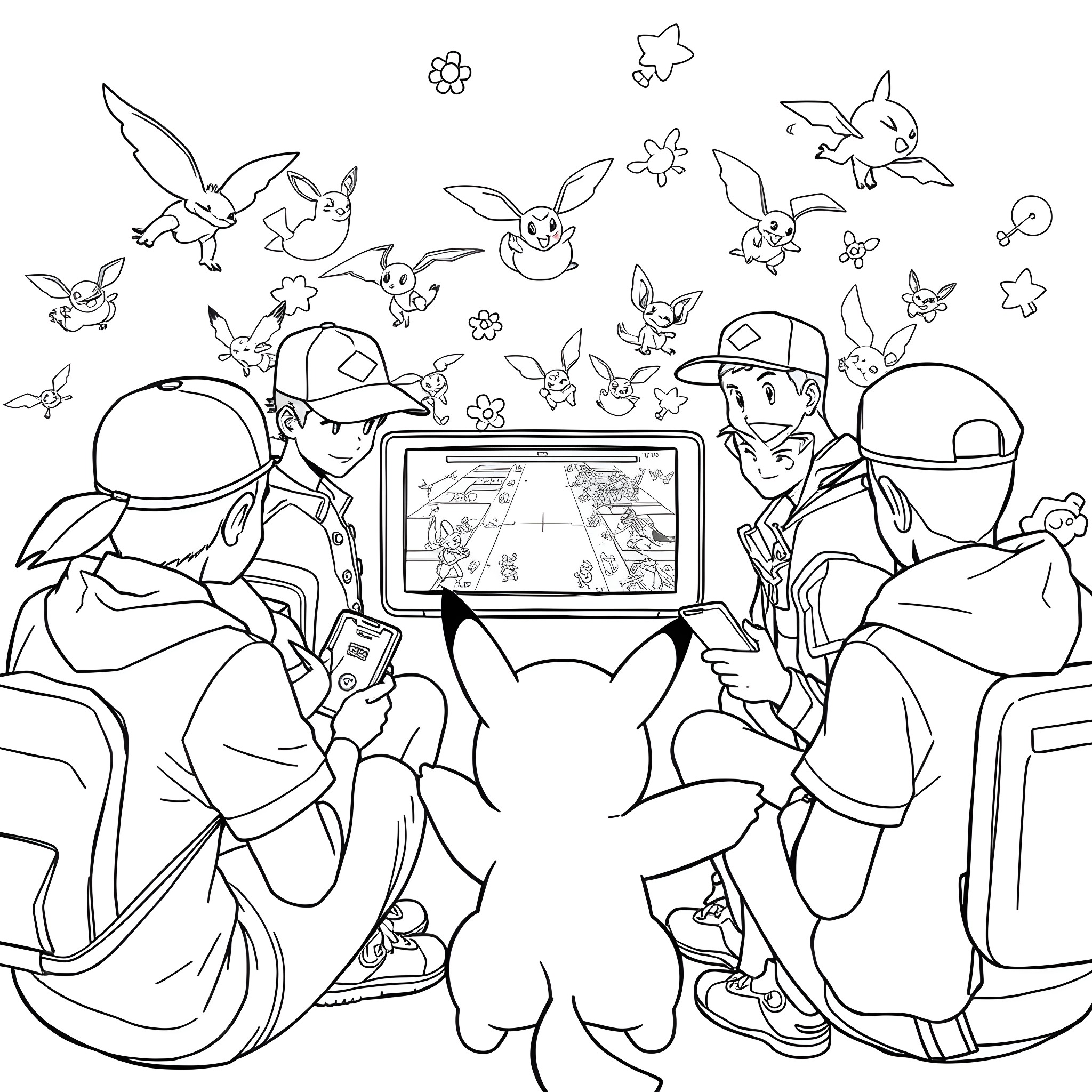 Pokémon trainers exploring the world of Pokémon Coloring Page (free black-and-white line drawing printable PDF for all, from beginners to advanced learners, including children, teens, adults, and seniors)