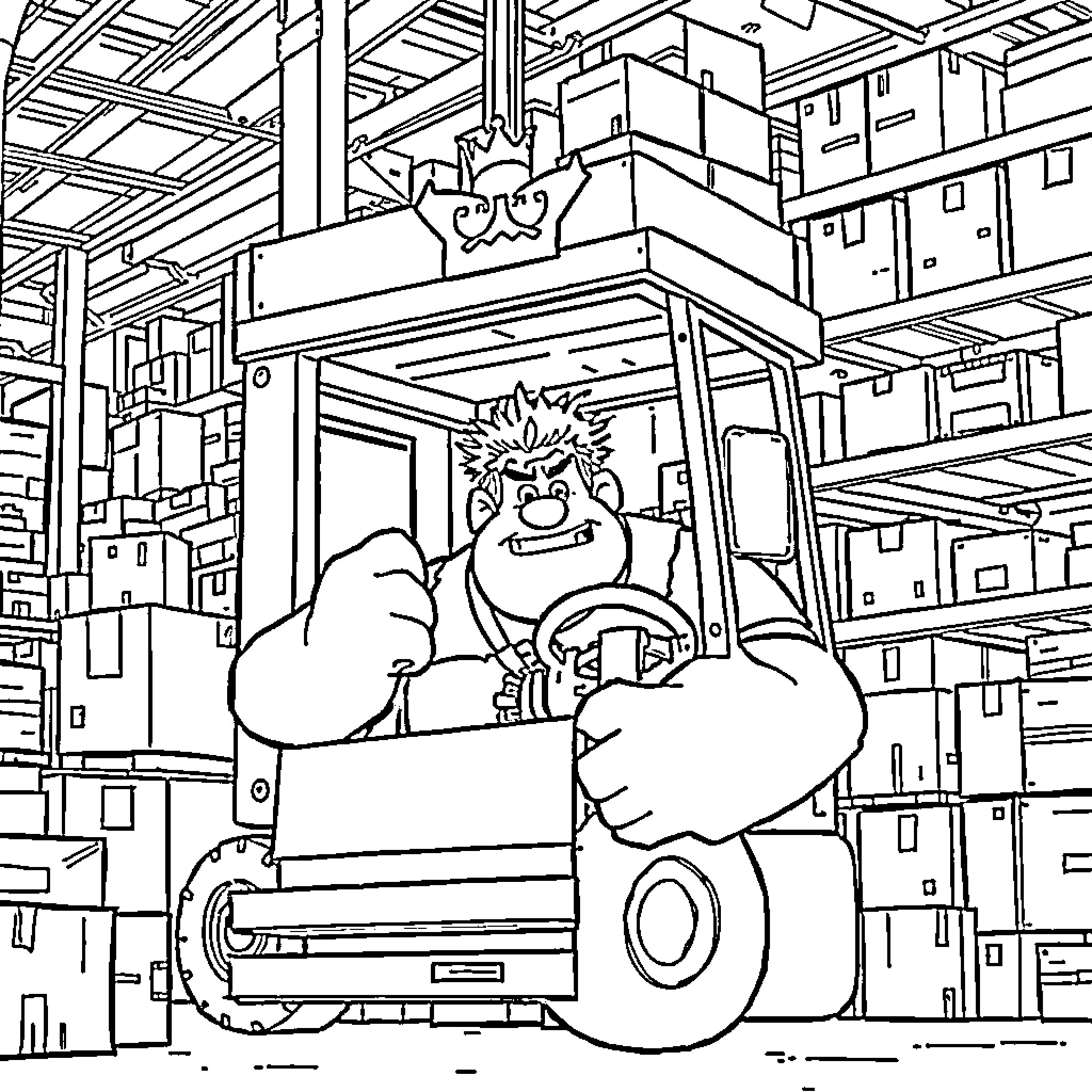 Wreck it Ralph wrecking and playing in the warehouse Coloring Page (free black-and-white line drawing printable PDF for all, from beginners to advanced learners, including children, teens, adults, and seniors)