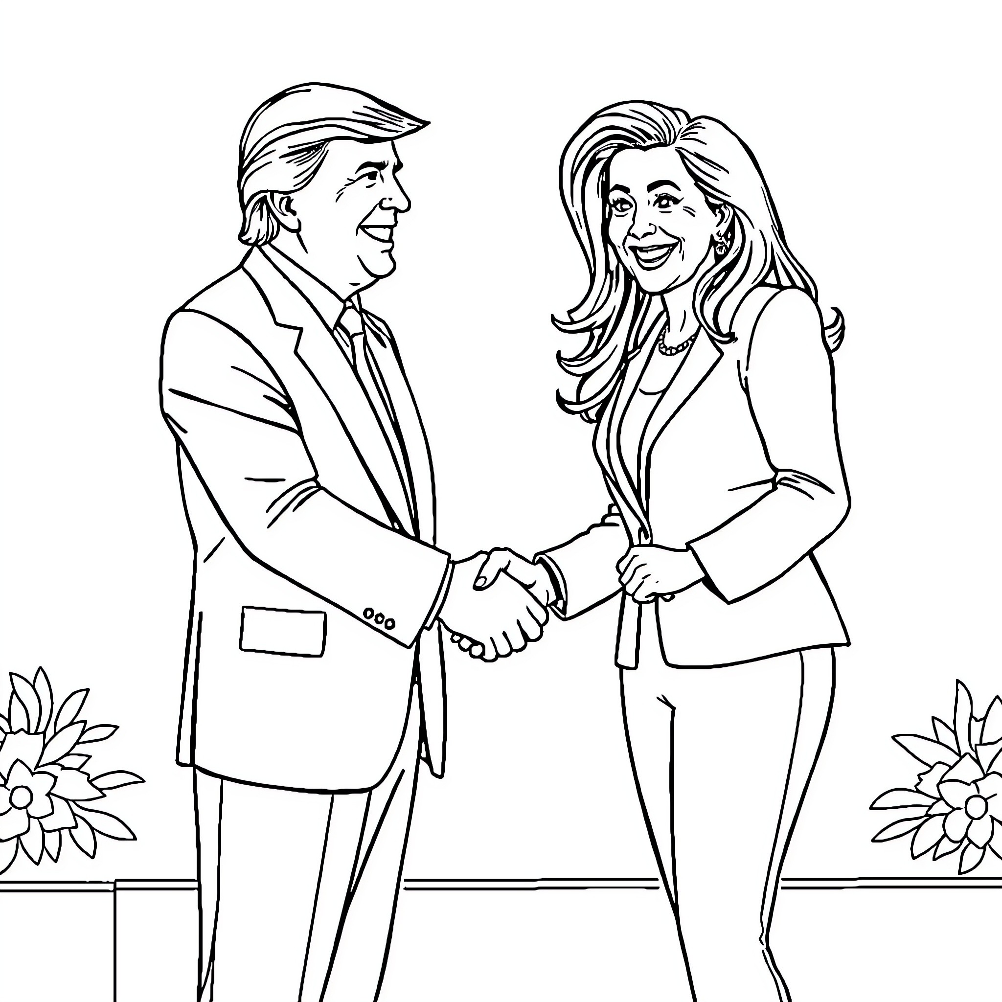 Donald Trump and Female Politician Shaking Hands Coloring Page (free black-and-white line drawing printable PDF for all, from beginners to advanced learners, including children, teens, adults, and seniors)