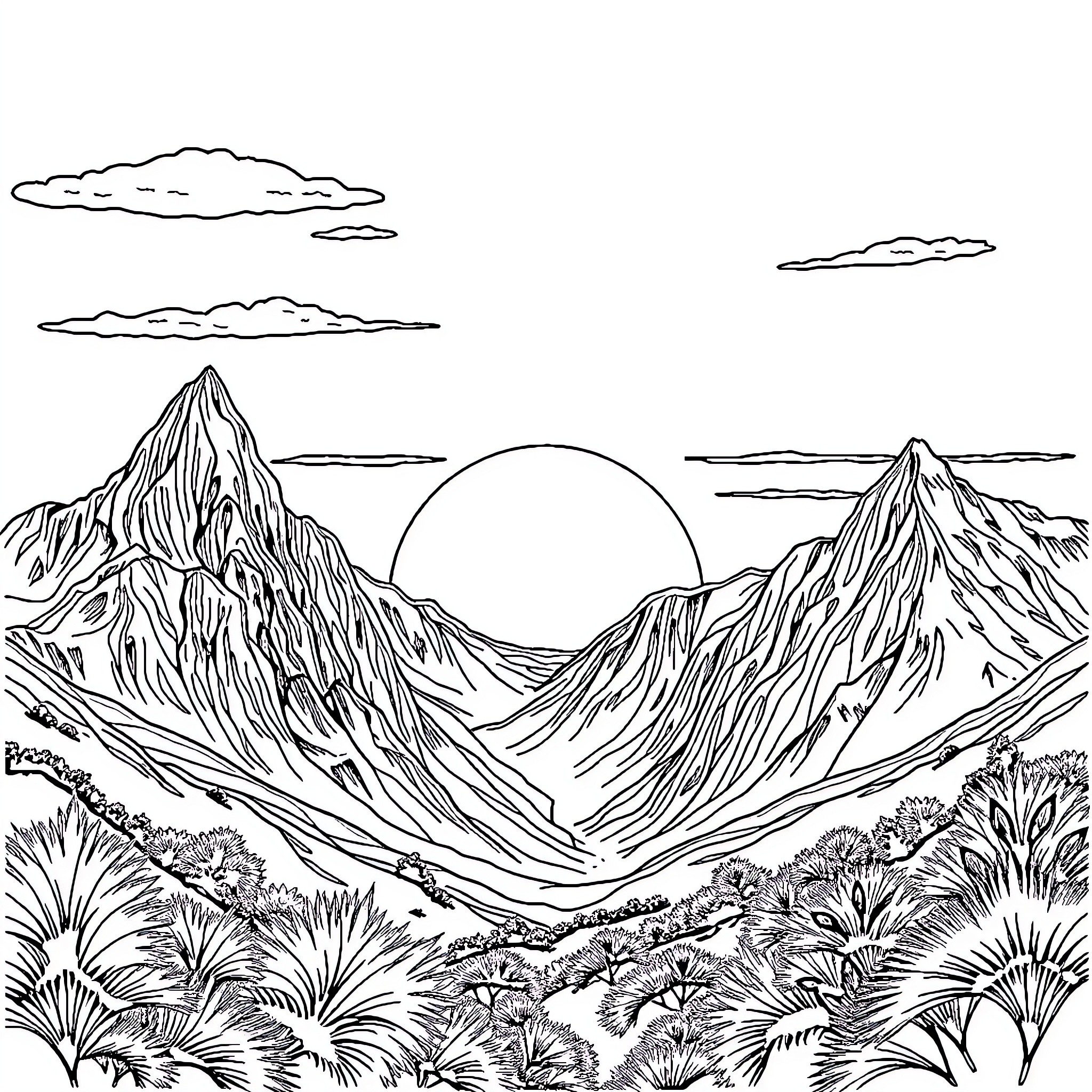Sunset over the majestic mountain landscape Coloring Page (free black-and-white line drawing printable PDF for all, from beginners to advanced learners, including children, teens, adults, and seniors)