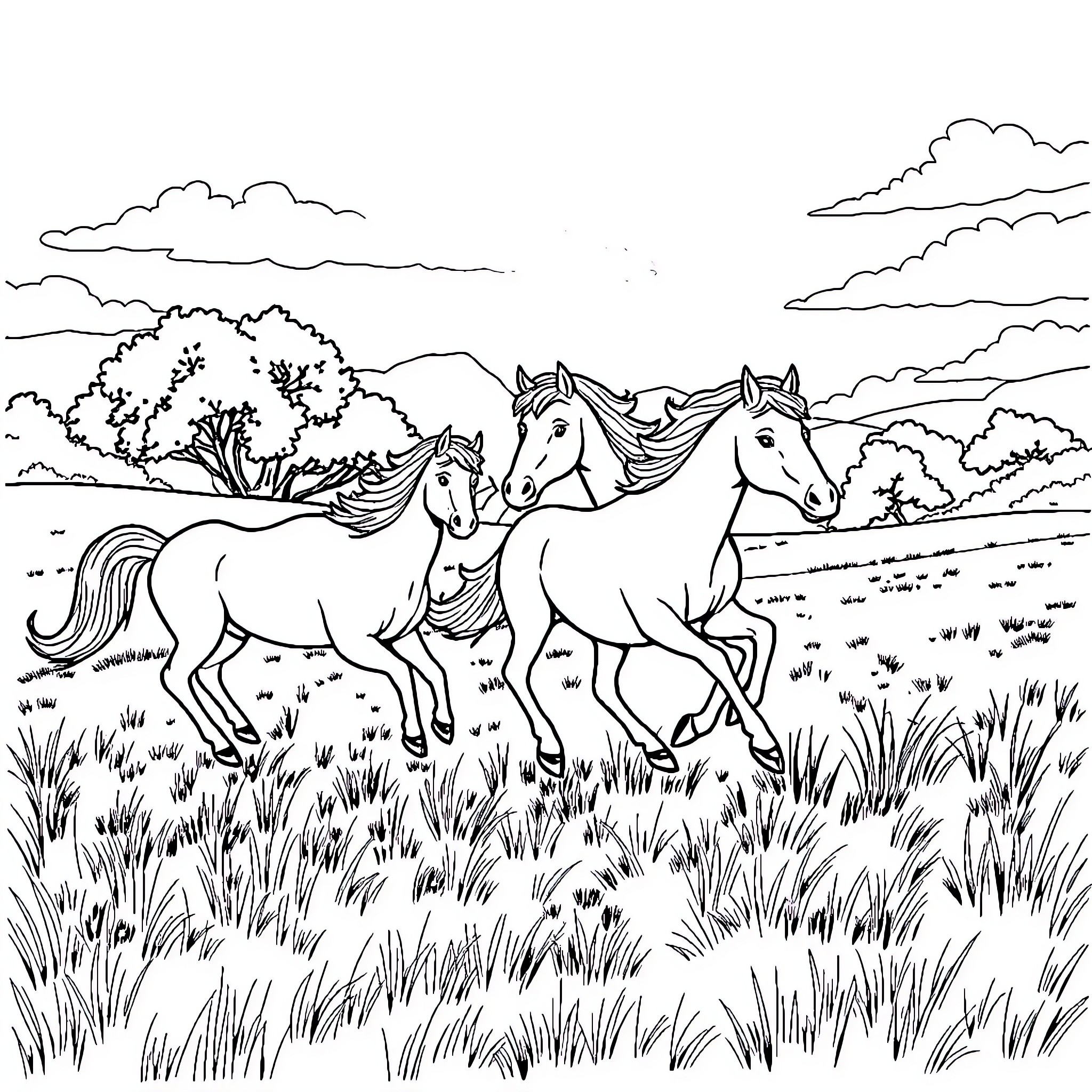 Miniature Horses Galloping Through the Meadow Coloring Page (free black-and-white line drawing printable PDF for all, from beginners to advanced learners, including children, teens, adults, and seniors)