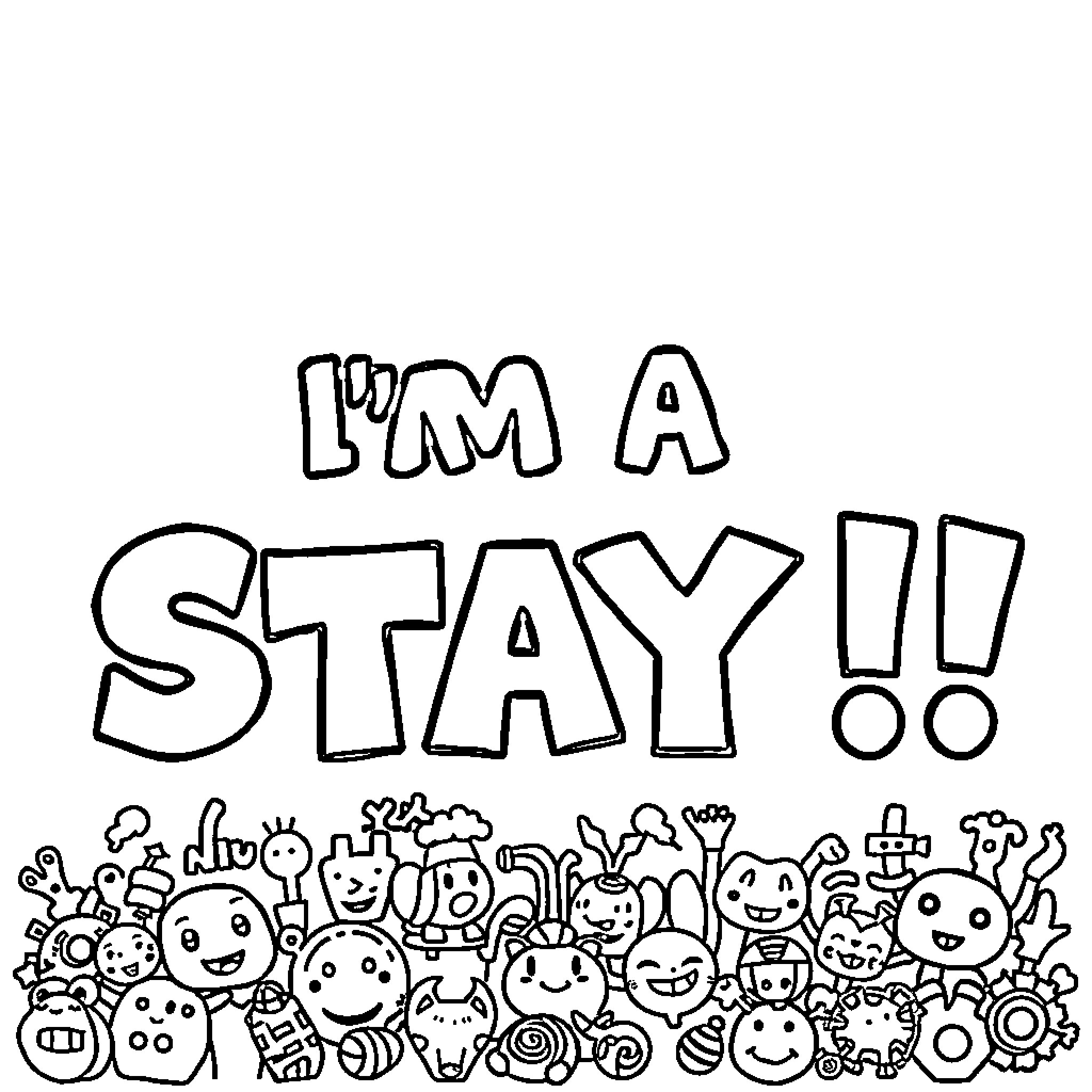 Stay with cute characters Coloring Page (free black-and-white line drawing printable PDF for all, from beginners to advanced learners, including children, teens, adults, and seniors)