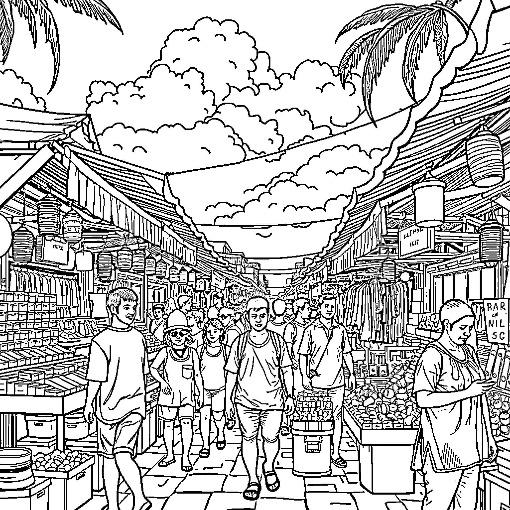 Gabonak: Bustling marketplace scene with crowds Coloring Page (free black-and-white line drawing printable PDF for all, from beginners to advanced learners, including children, teens, adults, and seniors)