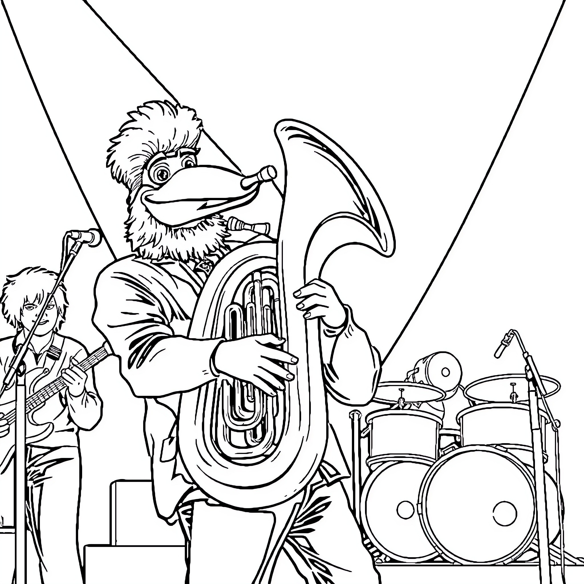 Man playing musical instruments on stage Coloring Page (free black-and-white line drawing printable PDF for all, from beginners to advanced learners, including children, teens, adults, and seniors)