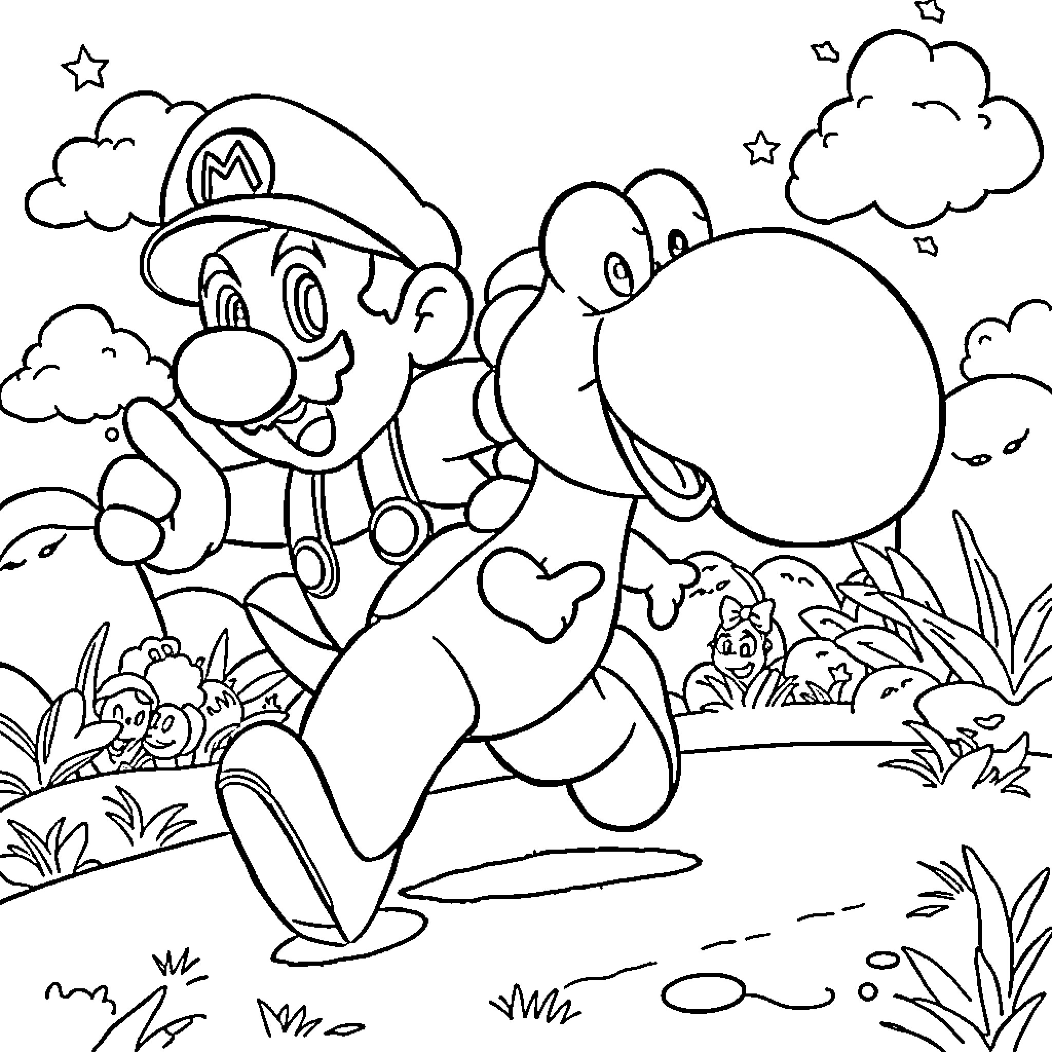 Super Mario and Yoshi explore the Mushroom Kingdom Coloring Page (free black-and-white line drawing printable PDF for all, from beginners to advanced learners, including children, teens, adults, and seniors)