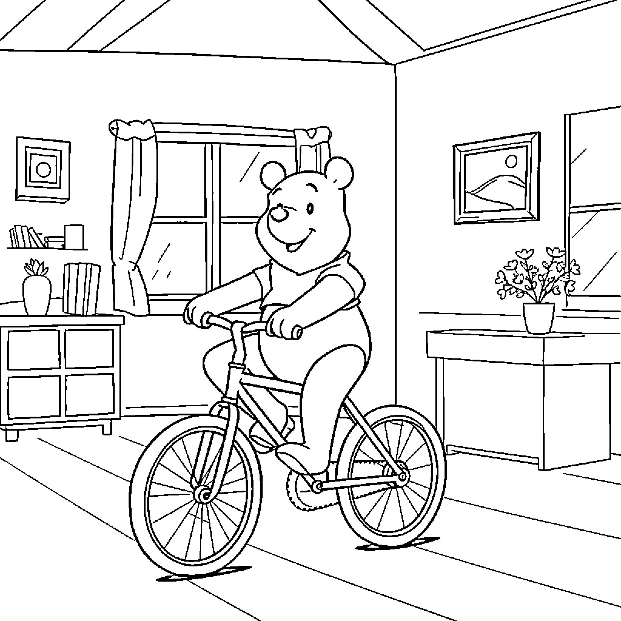 Winnie The Pooh riding a bicycle in the room Coloring Page (free black-and-white line drawing printable PDF for all, from beginners to advanced learners, including children, teens, adults, and seniors)