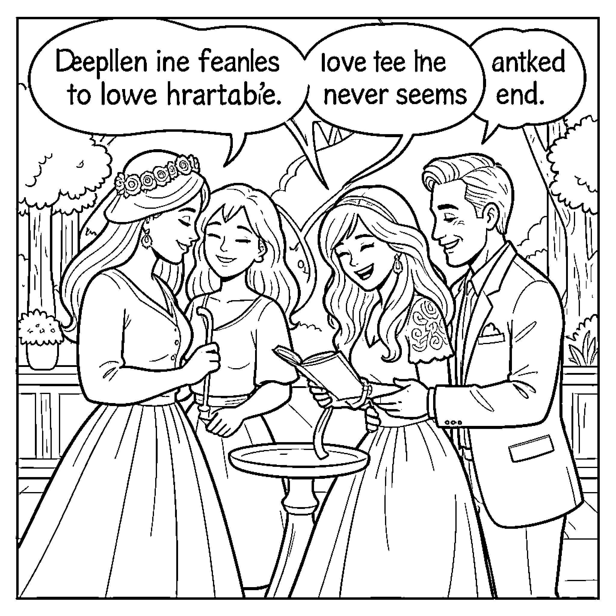Love and Laughter in a Whimsical Wedding Scene Coloring Page (free black-and-white line drawing printable PDF for all, from beginners to advanced learners, including children, teens, adults, and seniors)