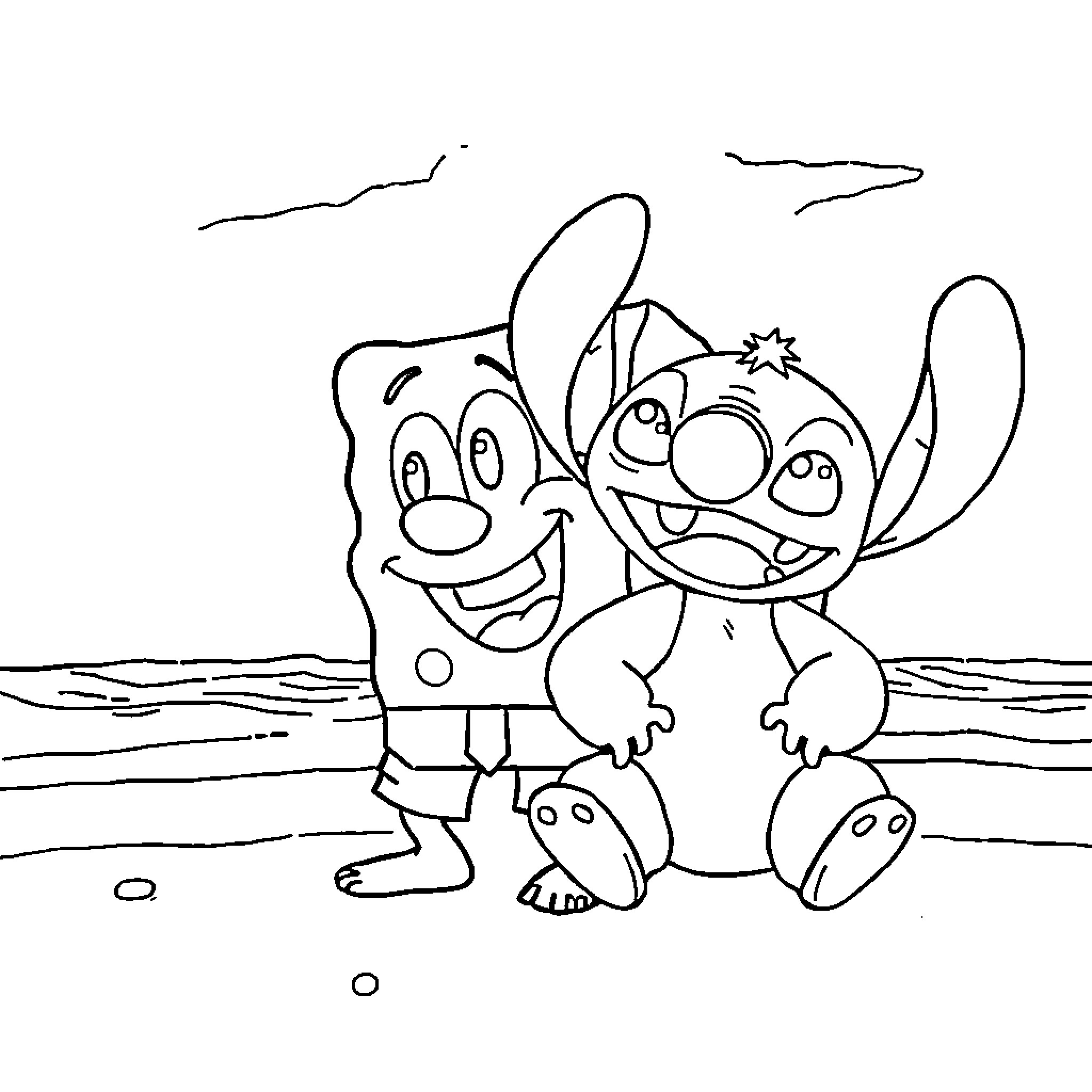 Bob l'éponge and friend having fun on the beach Coloring Page (free black-and-white line drawing printable PDF for all, from beginners to advanced learners, including children, teens, adults, and seniors)