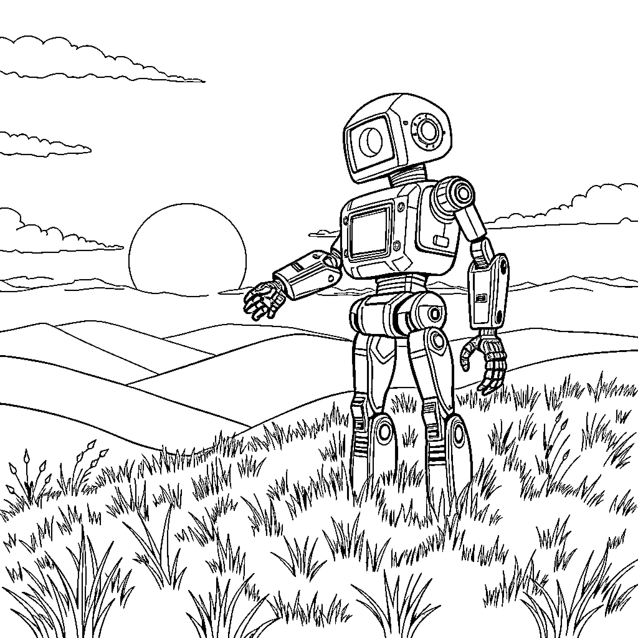 Robot exploring a serene landscape Coloring Page (free black-and-white line drawing printable PDF for all, from beginners to advanced learners, including children, teens, adults, and seniors)